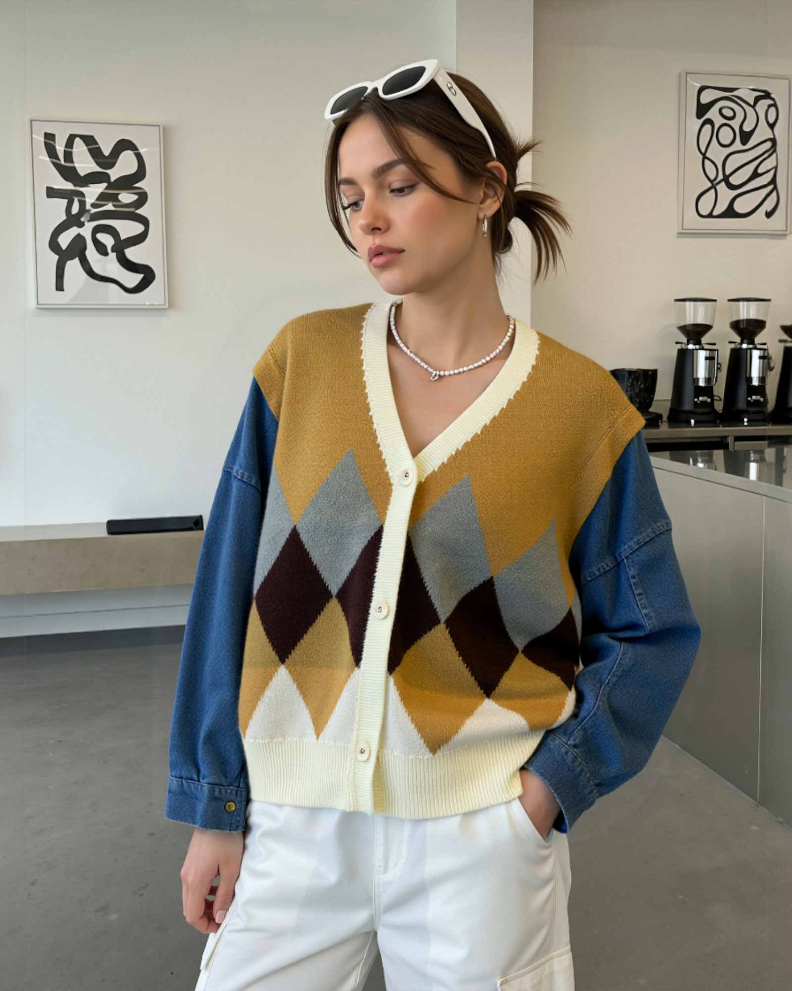 Argyle Knit & Denim Sleeve Cardigan