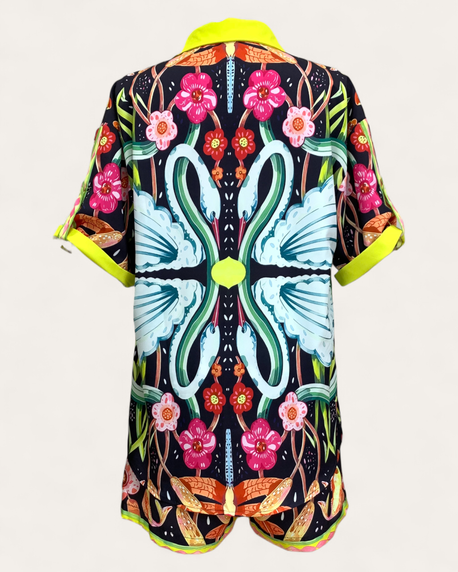 Tropical Print Button-Up Shirt and Shorts Set with Yellow Trim