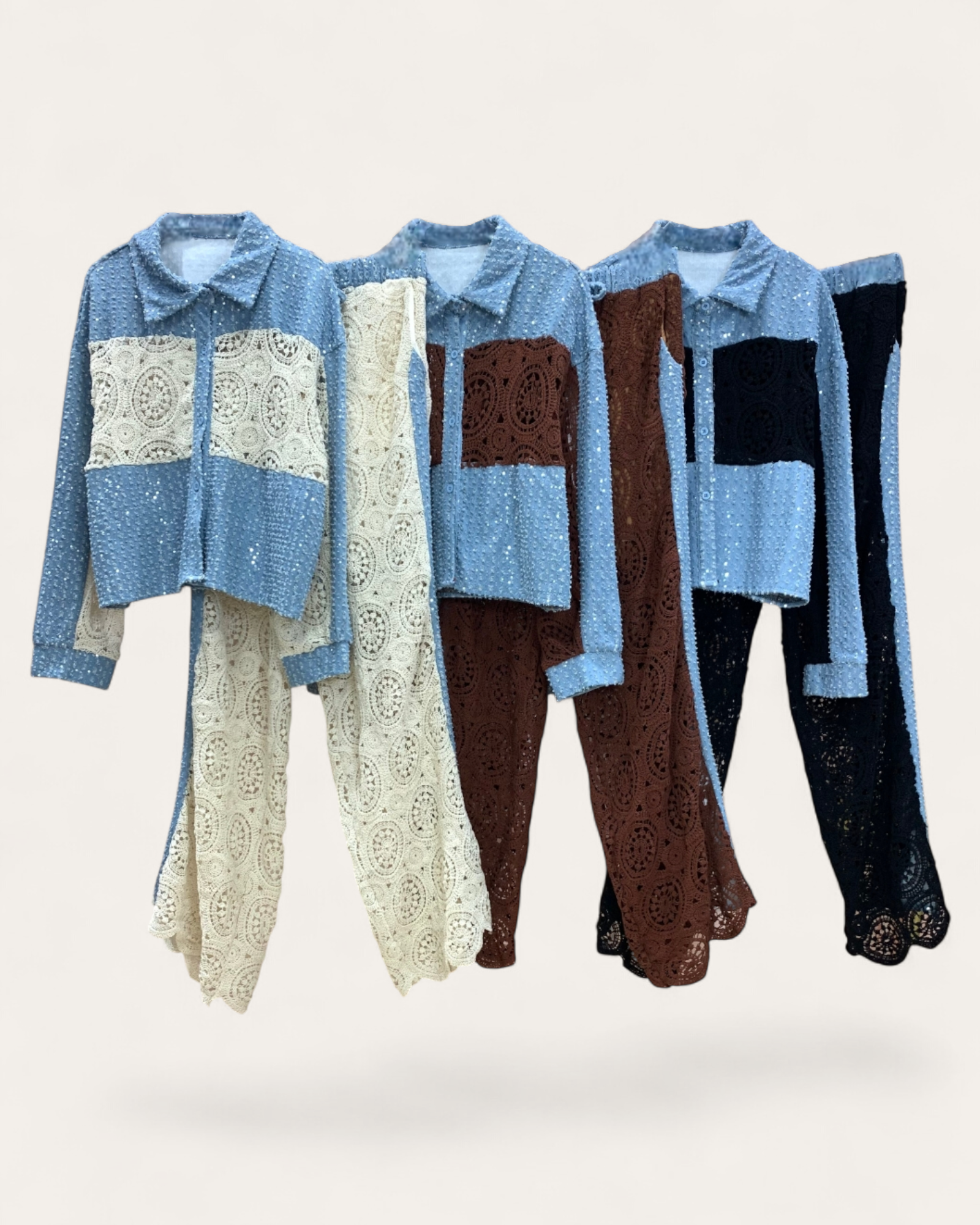 Sequin Denim Patchwork Crochet Se