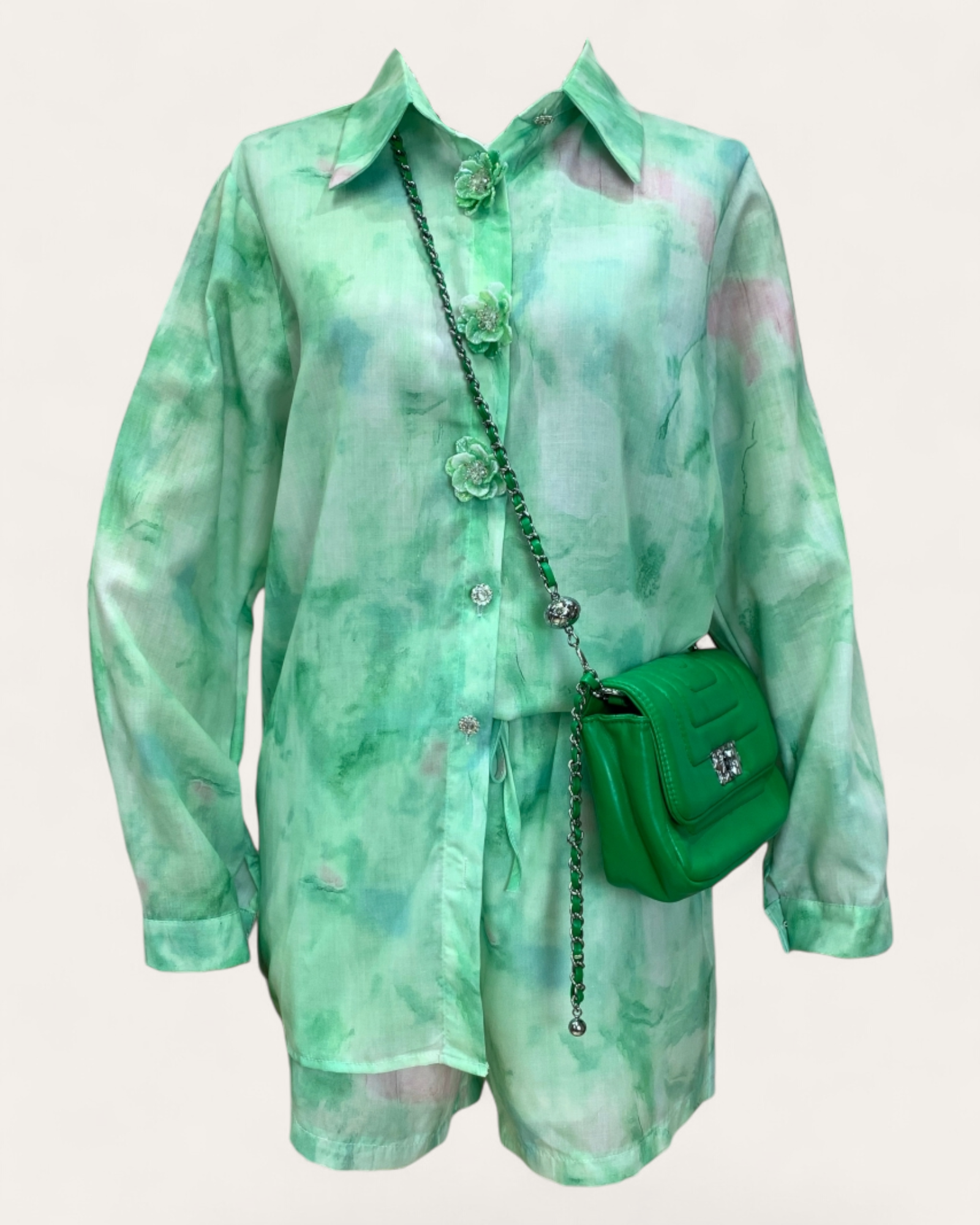 Watercolor Green Button-Down Shirt Dress