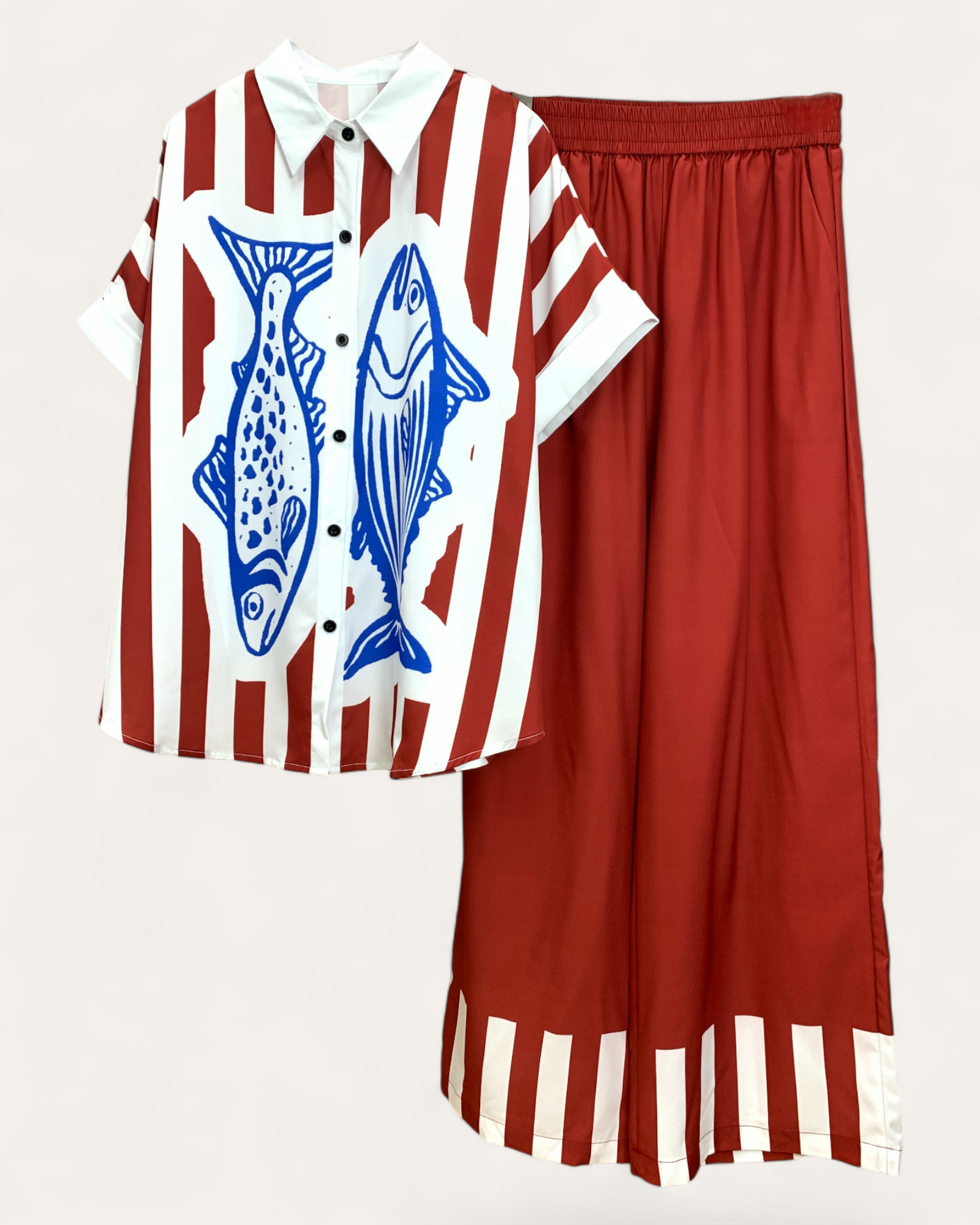 Striped Red & White Shirt and Pant Set with Fish Print