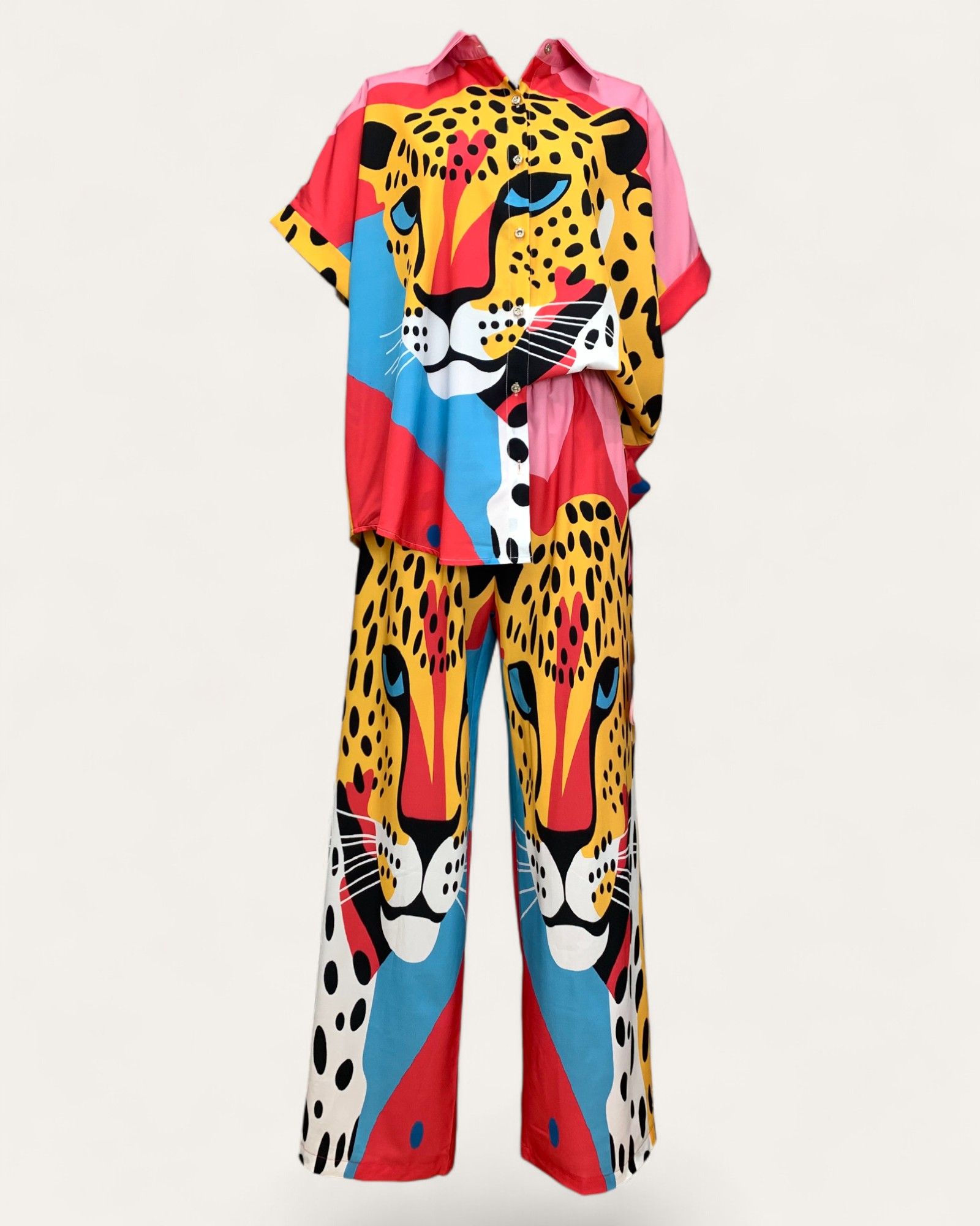 Bold Leopard Print Two-Piece Shirt and Pants Set