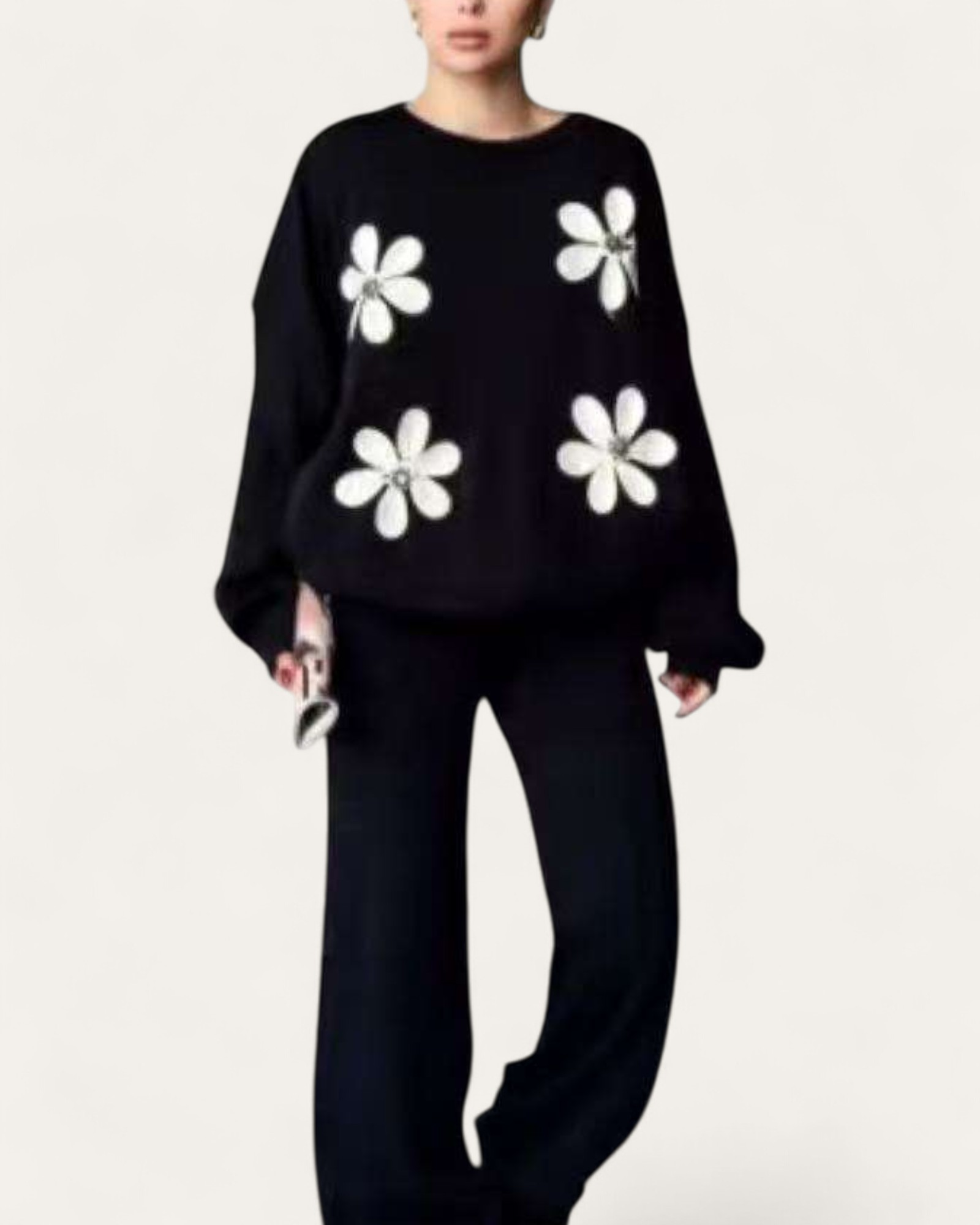 Daisy Motif Knit Two-Piece Sweater and Pants Set