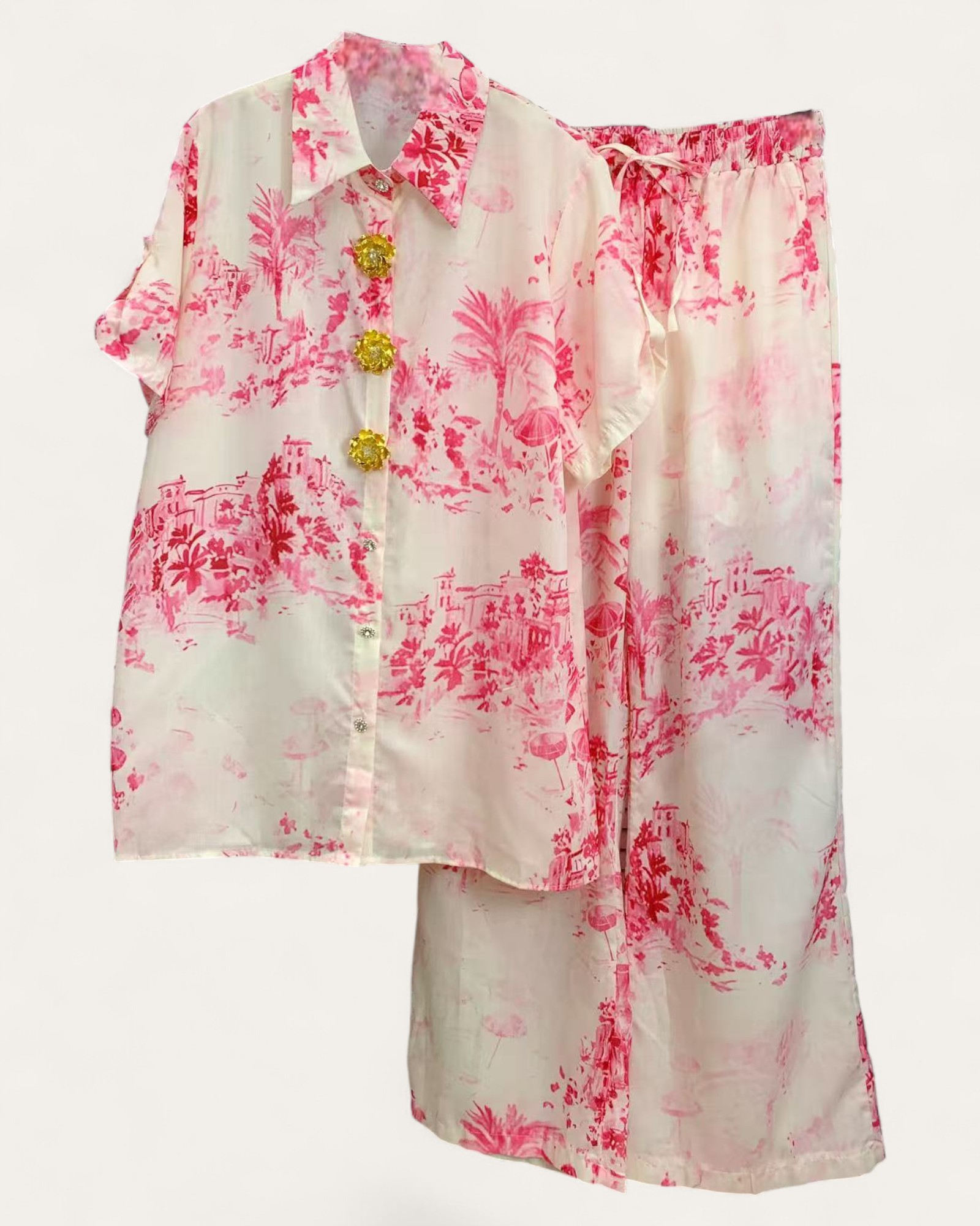Pink Floral Print Satin Shirt & Pants Set