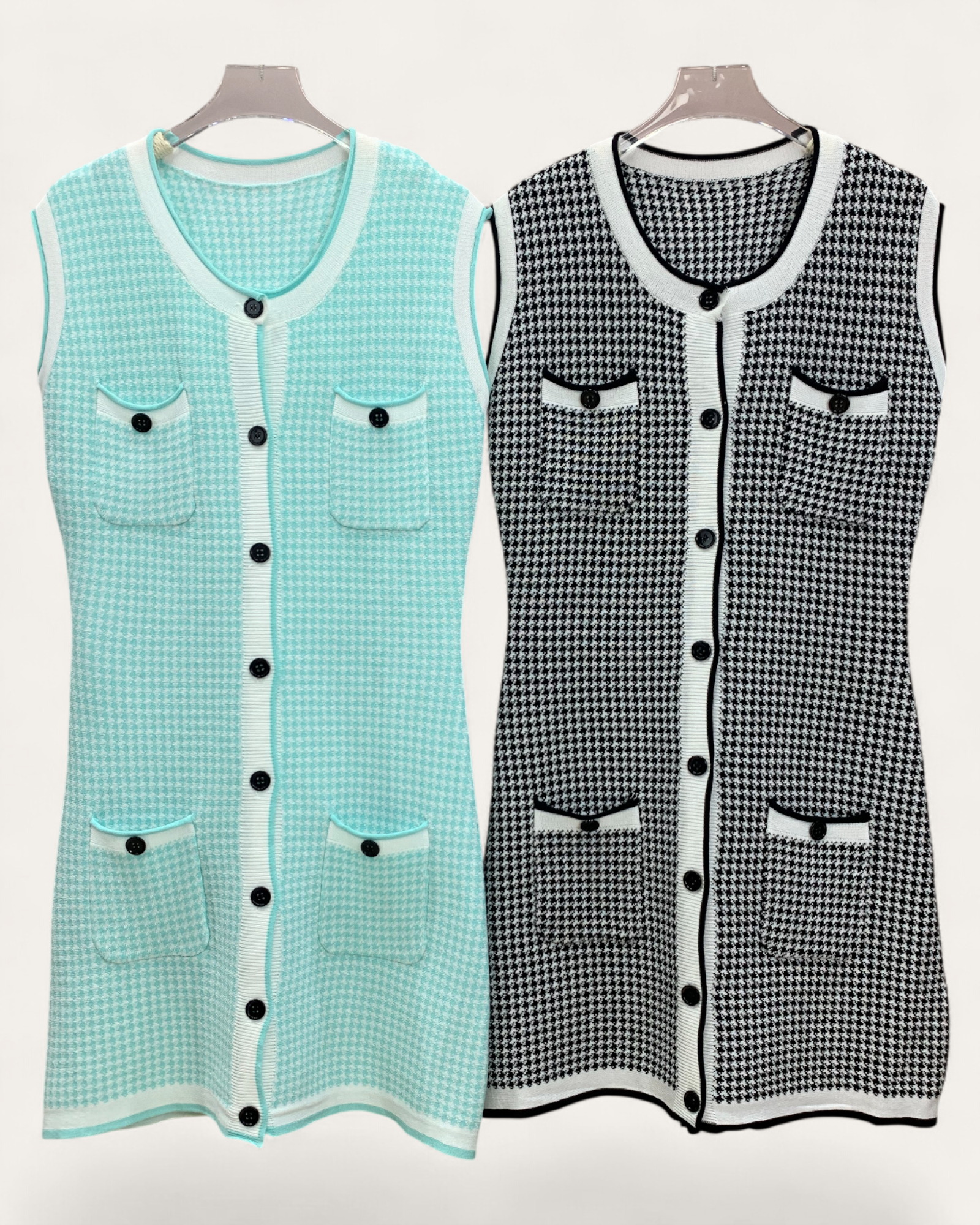 Houndstooth Sleeveless Knit Dress with Button Detail