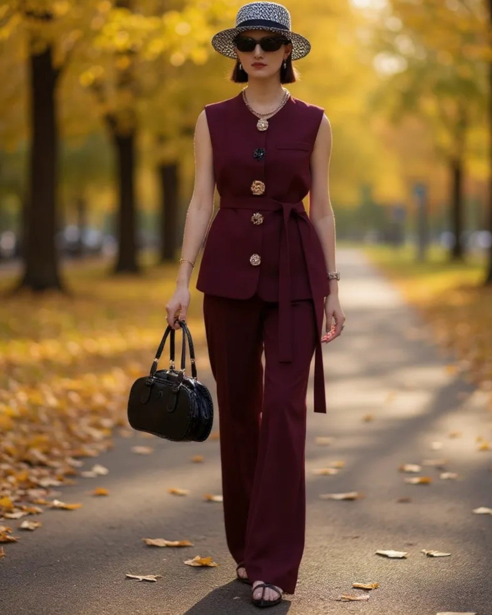 Chic Sleeveless Belted Suit Set