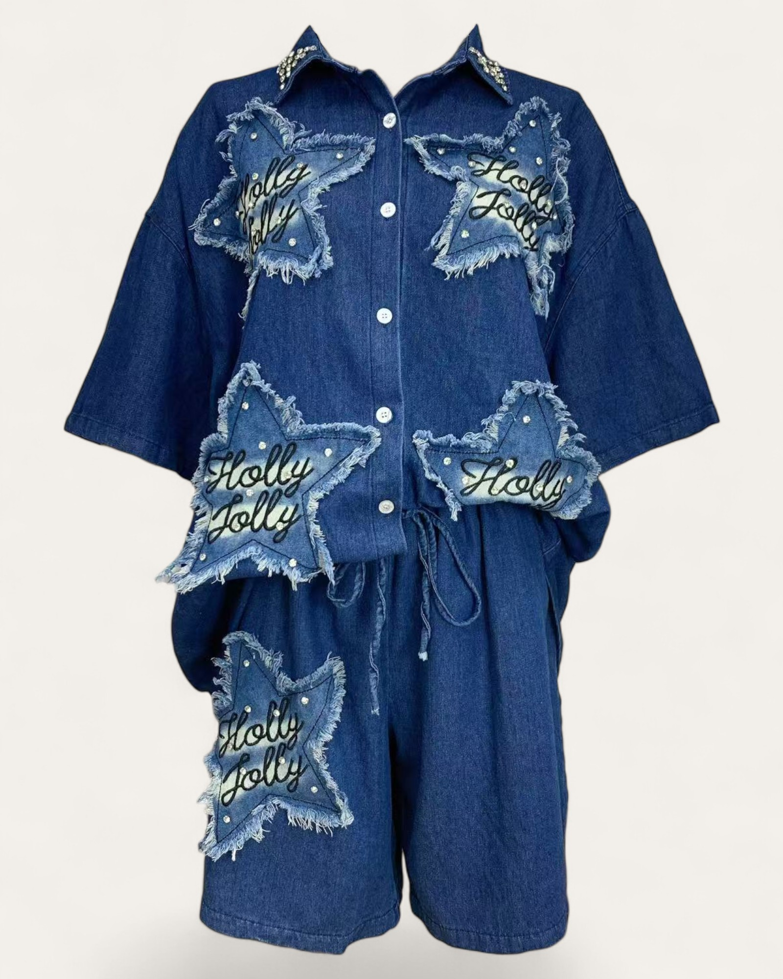 Star Patchwork Denim Shirt & Shorts Set