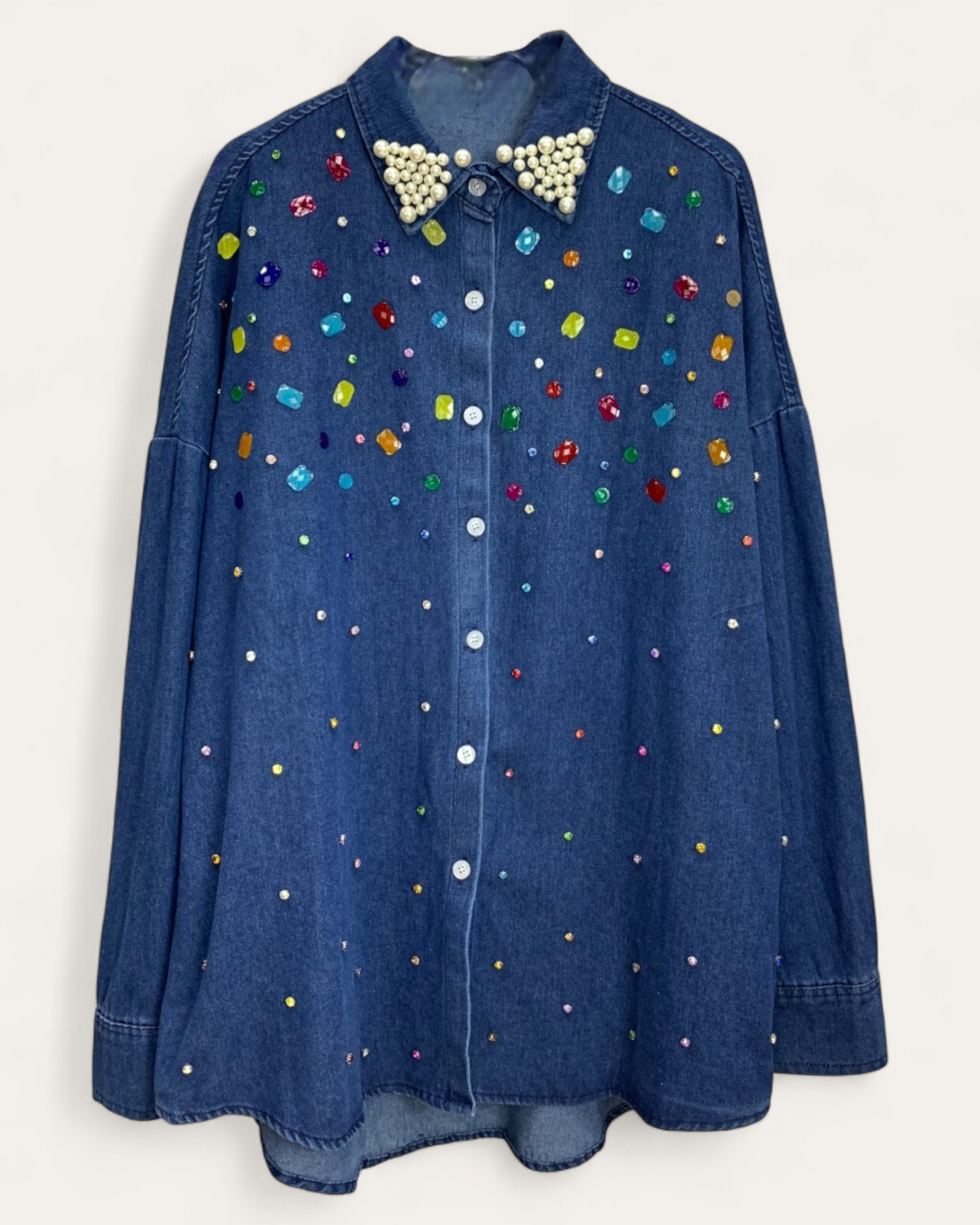Pearl-Collar Gem Embellished Denim Shirt