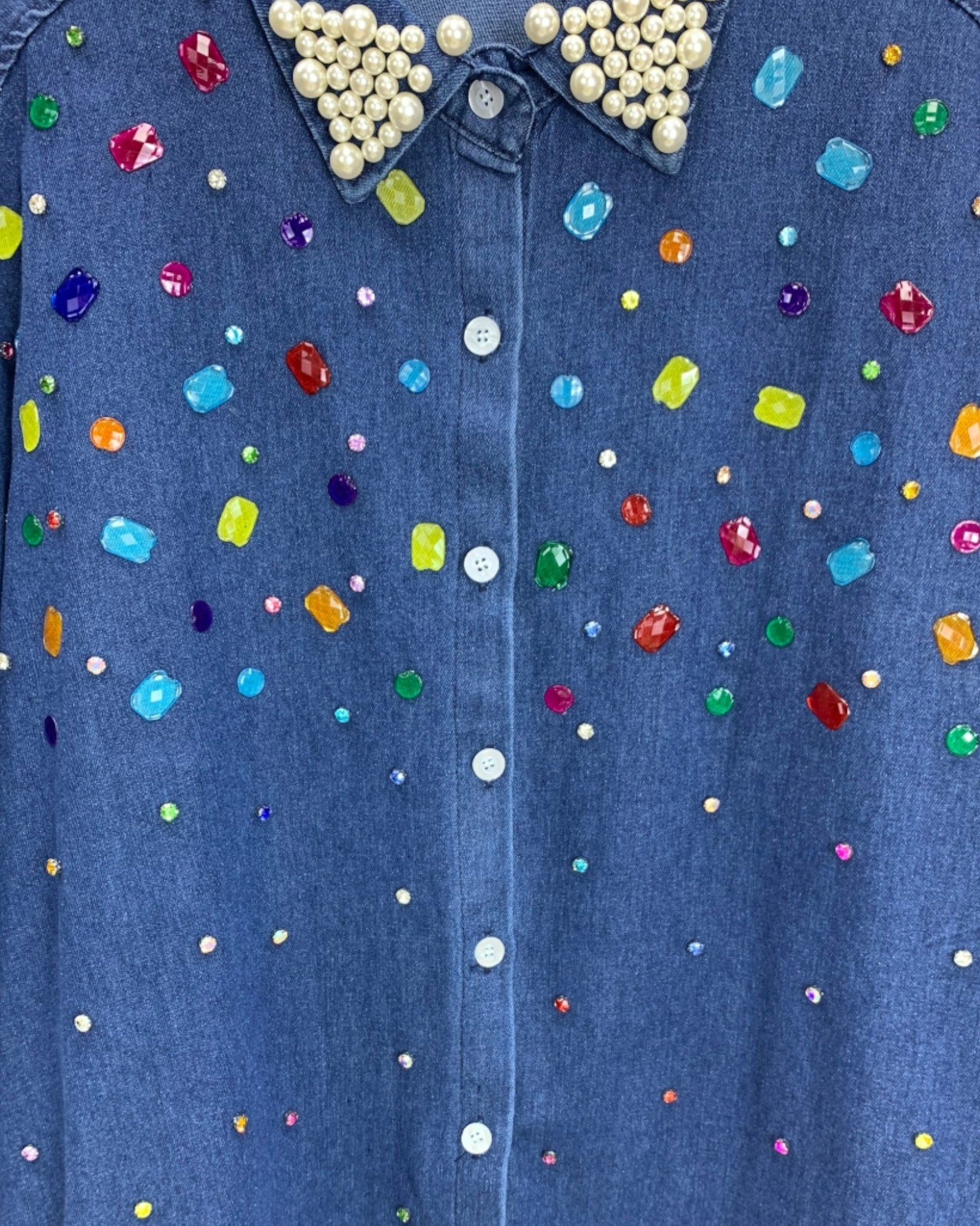 Pearl-Collar Gem Embellished Denim Shirt