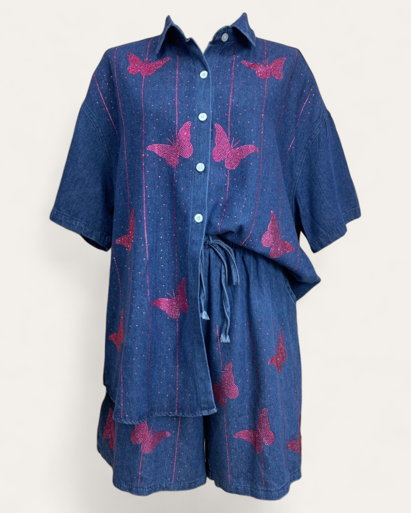 Butterfly Print Denim Shirt & Shorts Set