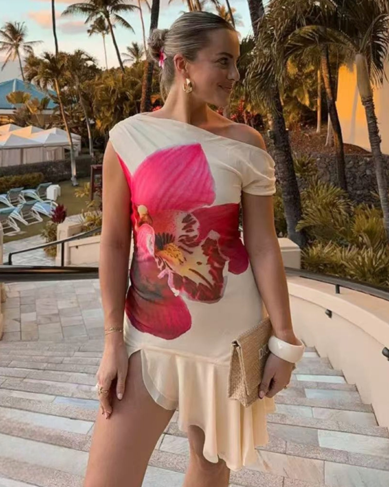 Off-Shoulder Floral Print Asymmetric Dress