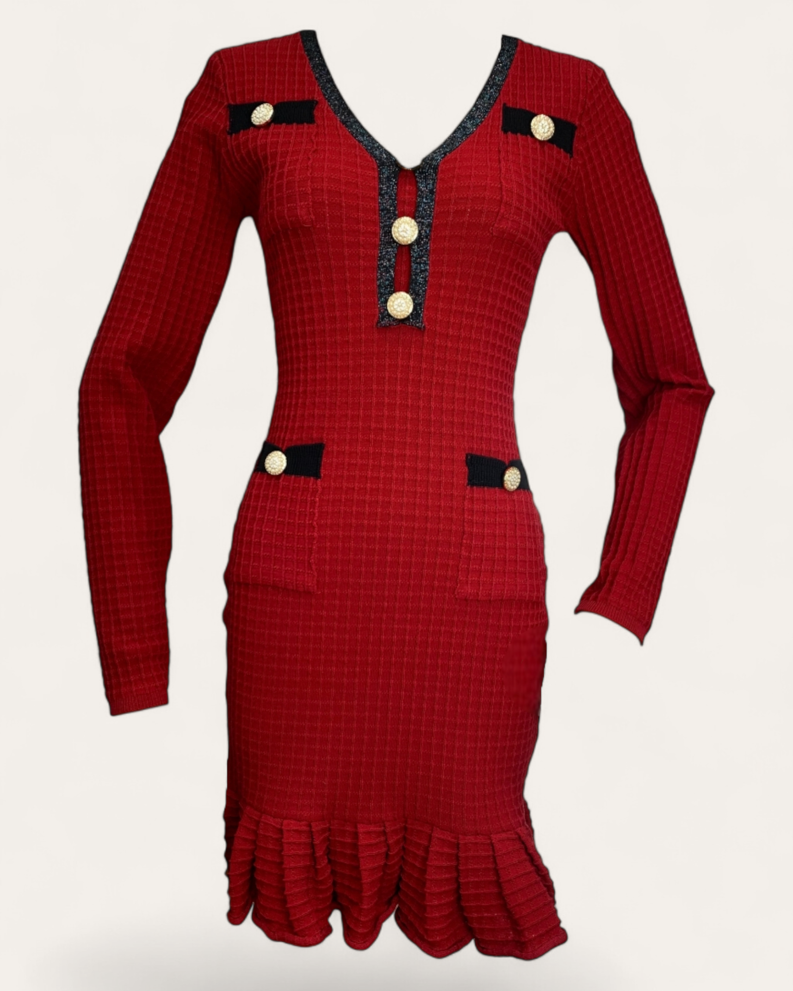 Ribbed Knit Button-Trim Bodycon Dress with Ruffle Hem