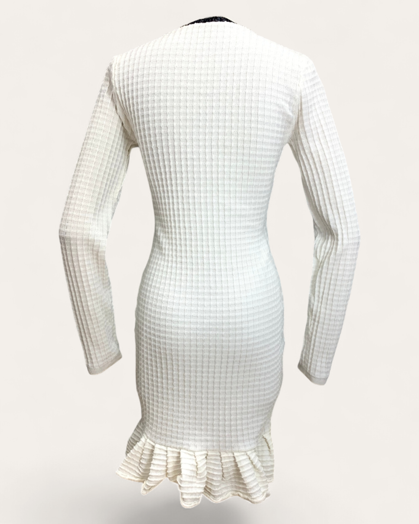 Ribbed Knit Button-Trim Bodycon Dress with Ruffle Hem