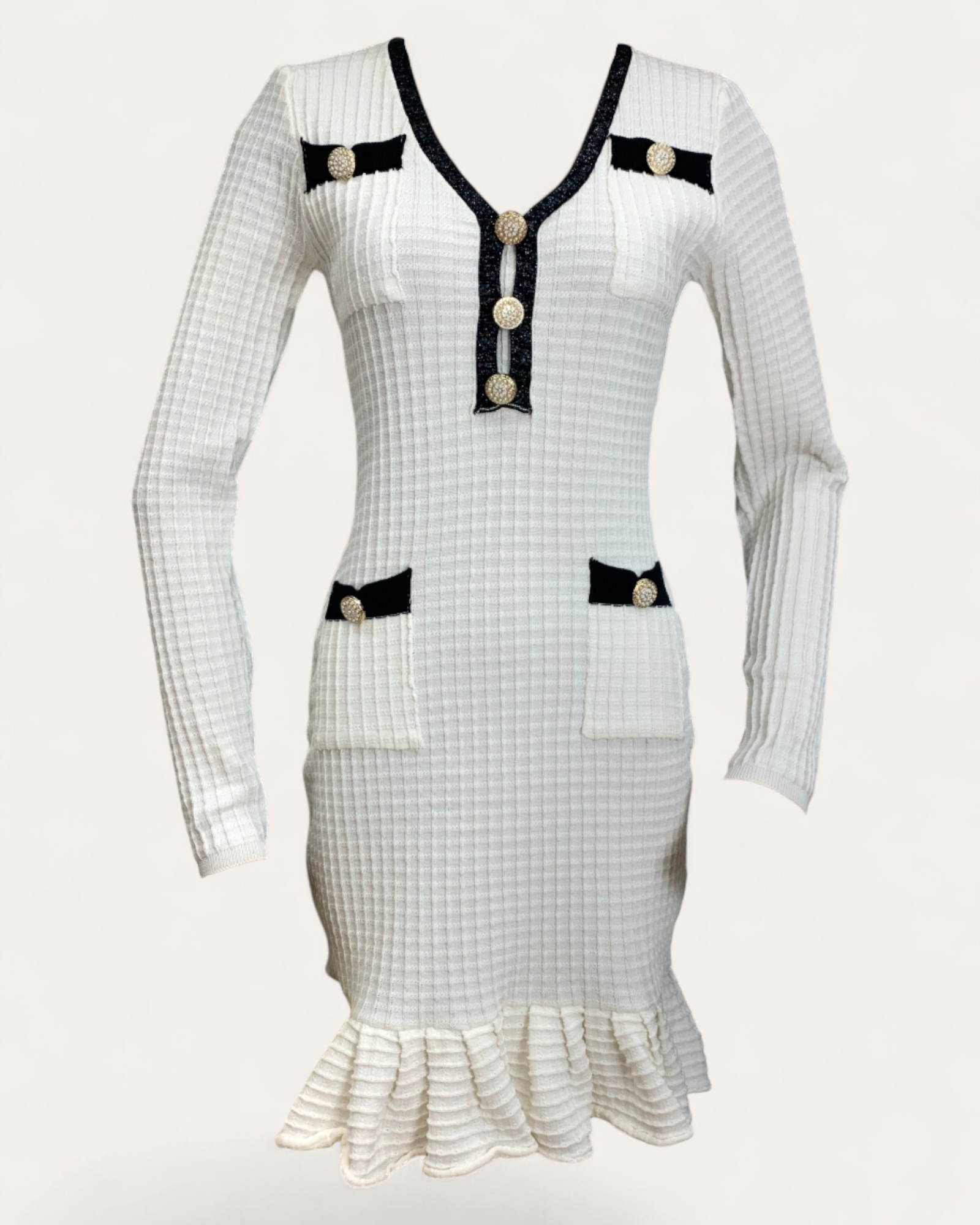 Ribbed Knit Button-Trim Bodycon Dress with Ruffle Hem