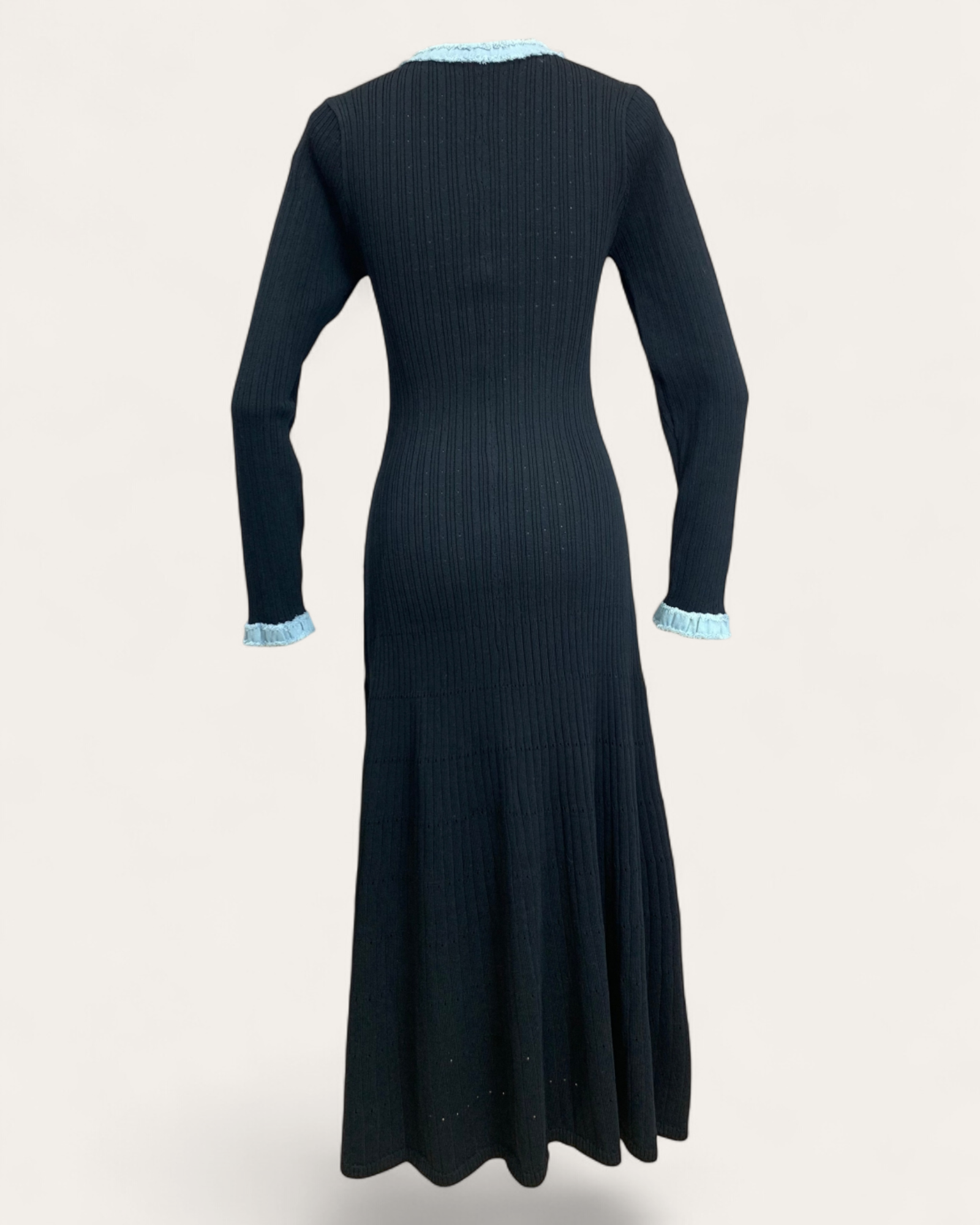 Contrast Denim Trim Ribbed Knit Maxi Dress