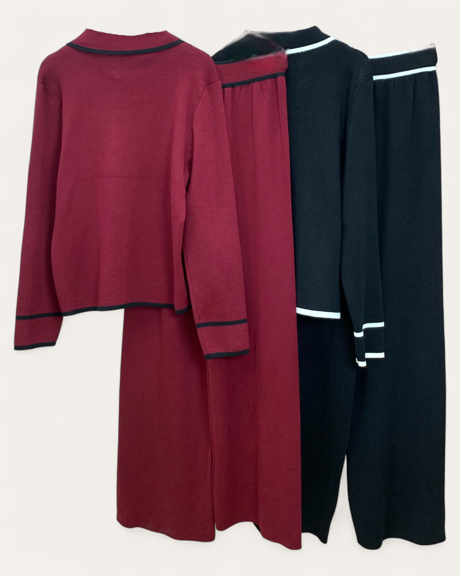 Tailored Burgundy Knit Lounge Sets with Contrast Trim