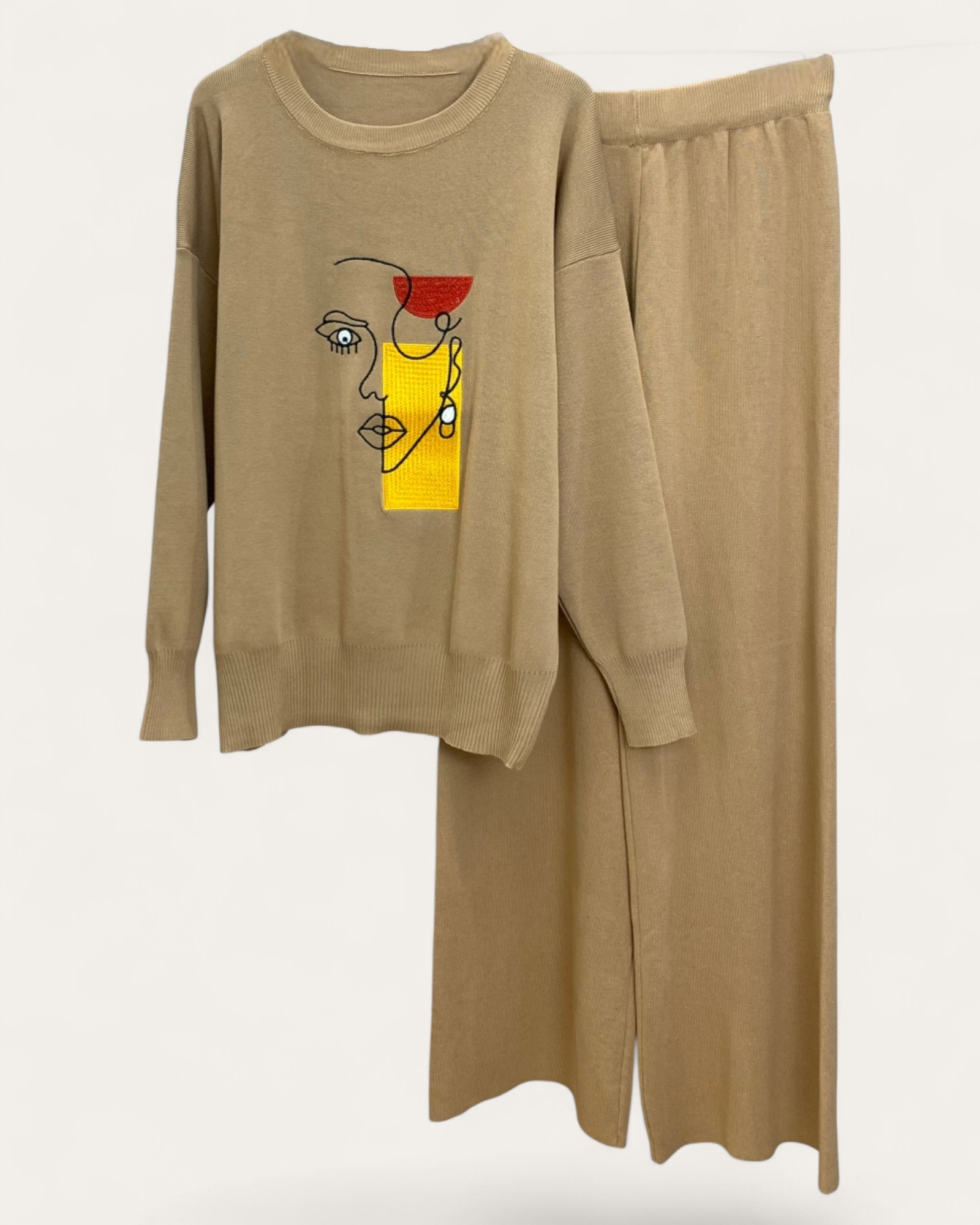 Abstract Face Embroidered Knit Sets