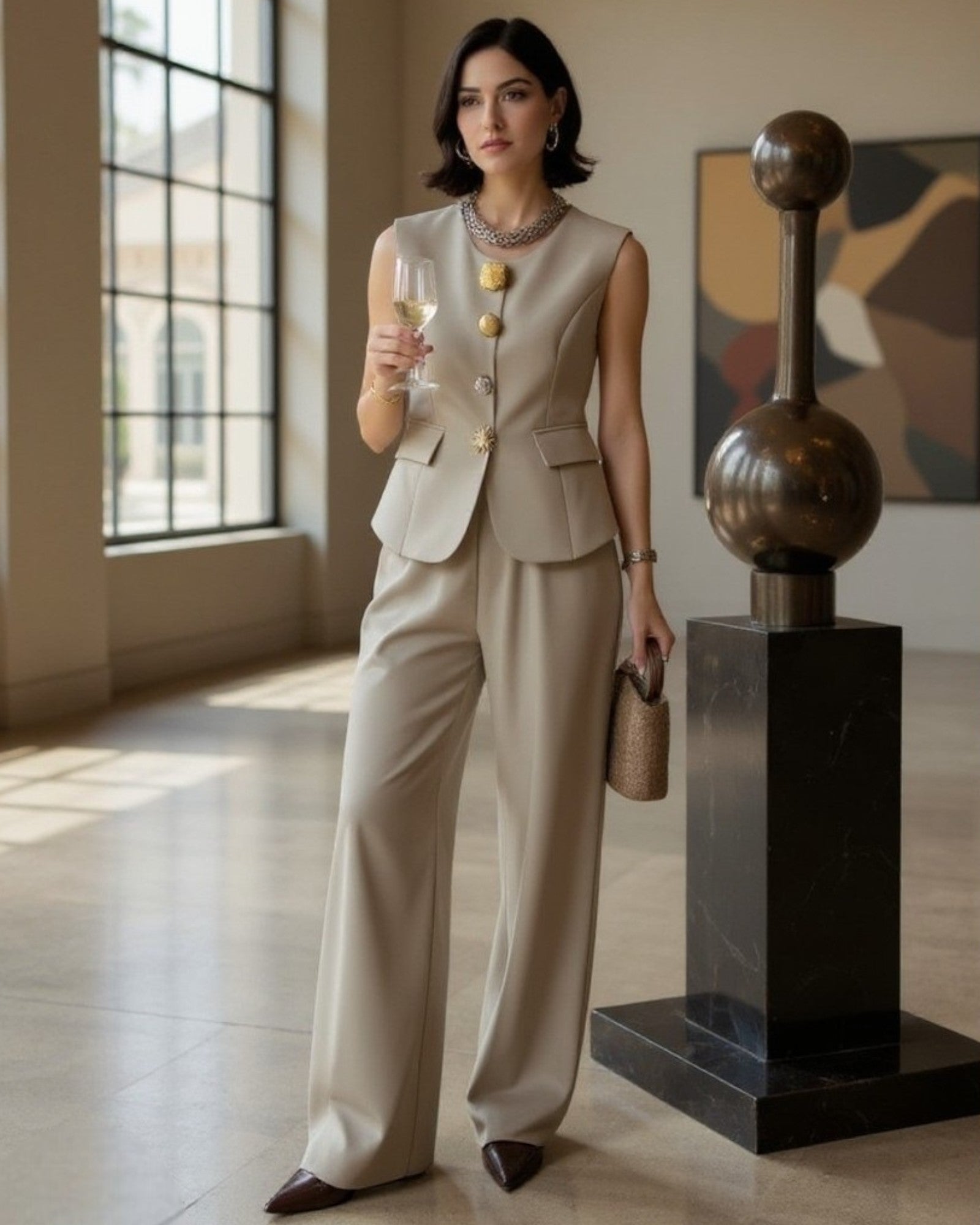 Statement Button Sleeveless Pant Suit
