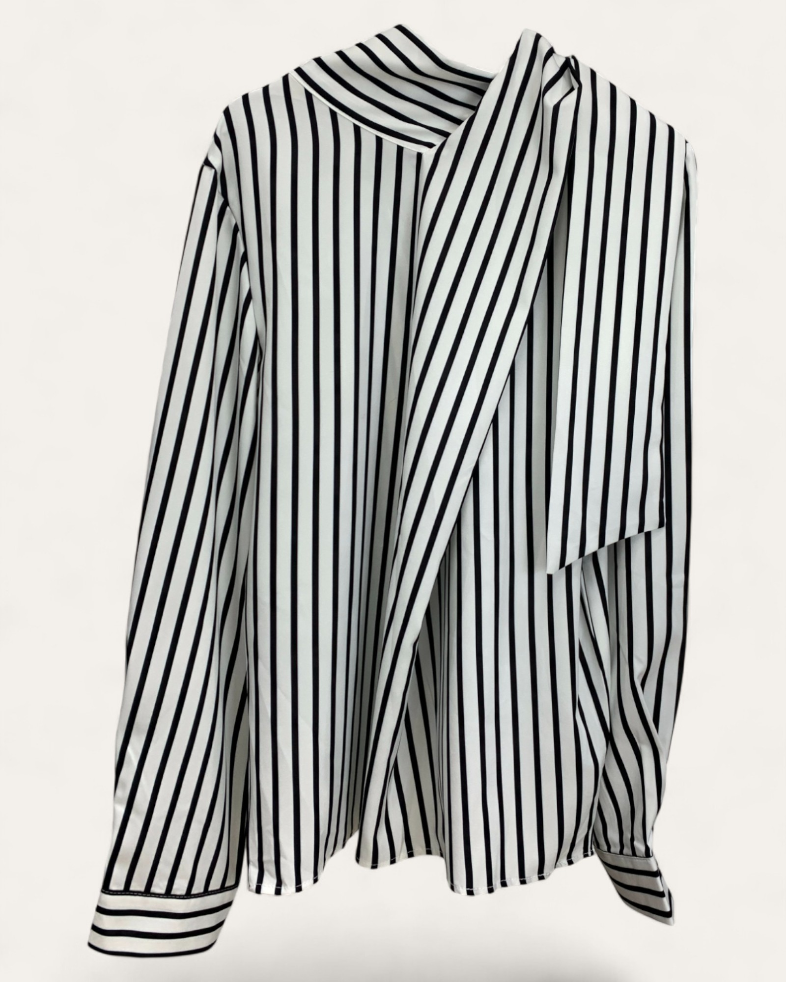 Striped Tie-Neck Blouse with Balloon Sleeves