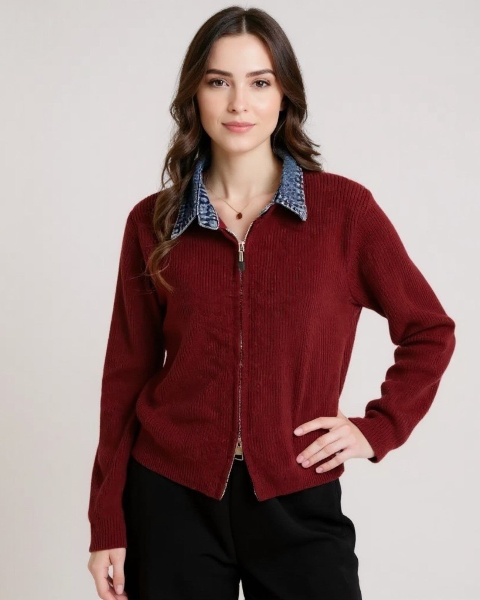 Corduroy Zip-Up Jacket with Contrast Collar