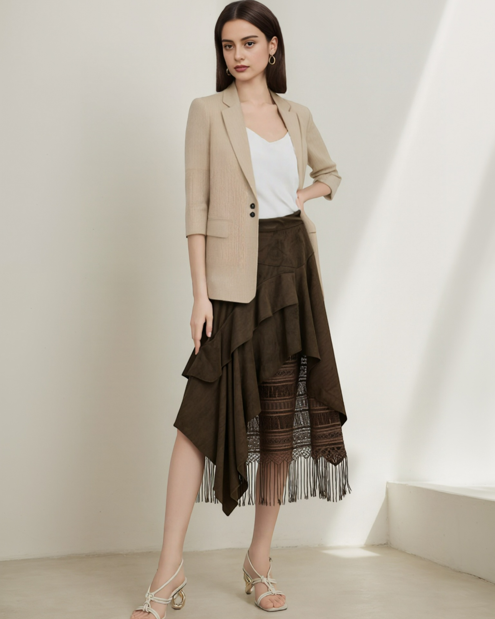 Layered Fringe Hem Midi Skirt