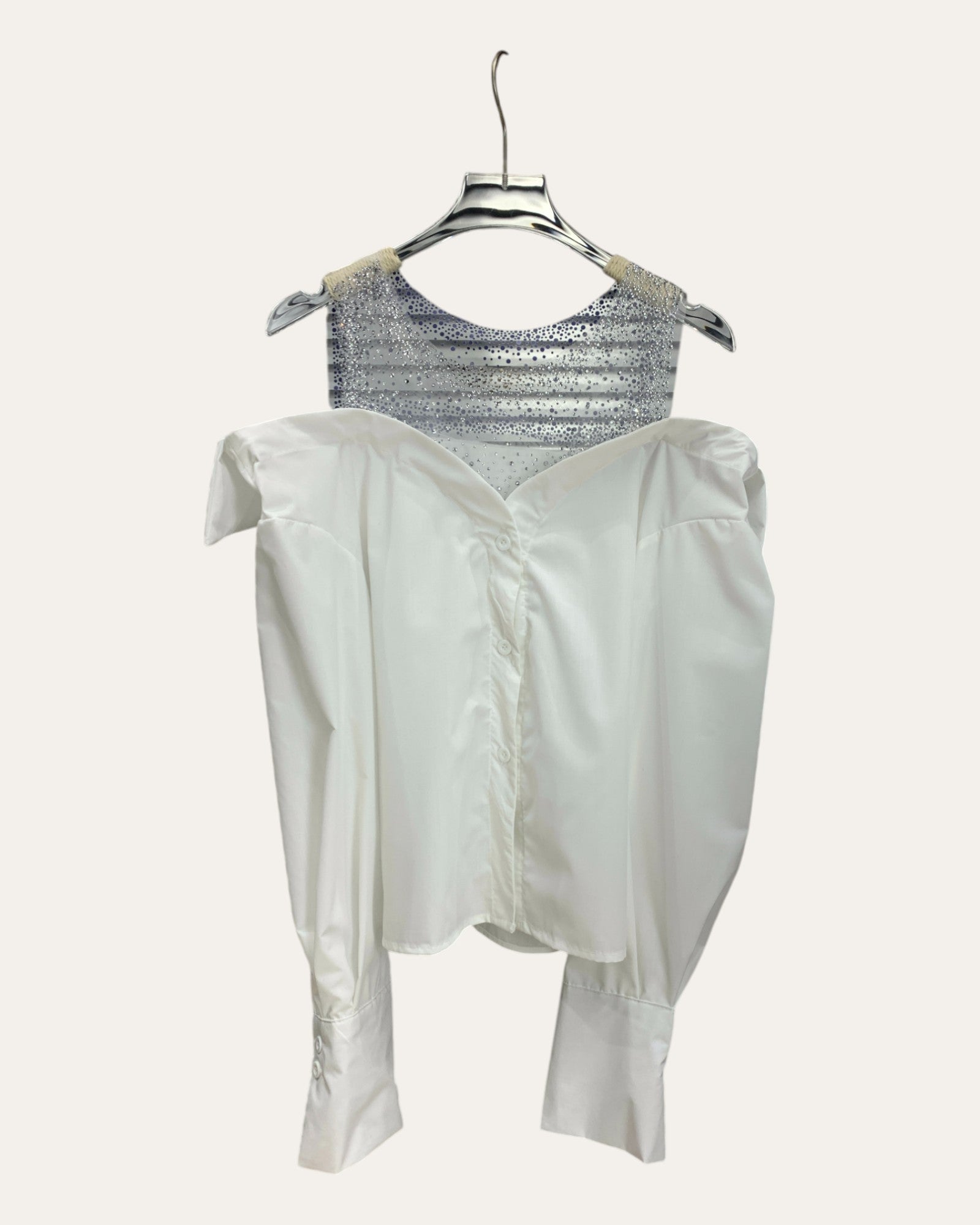 Sheer Crystal Mesh Off-Shoulder Blouse