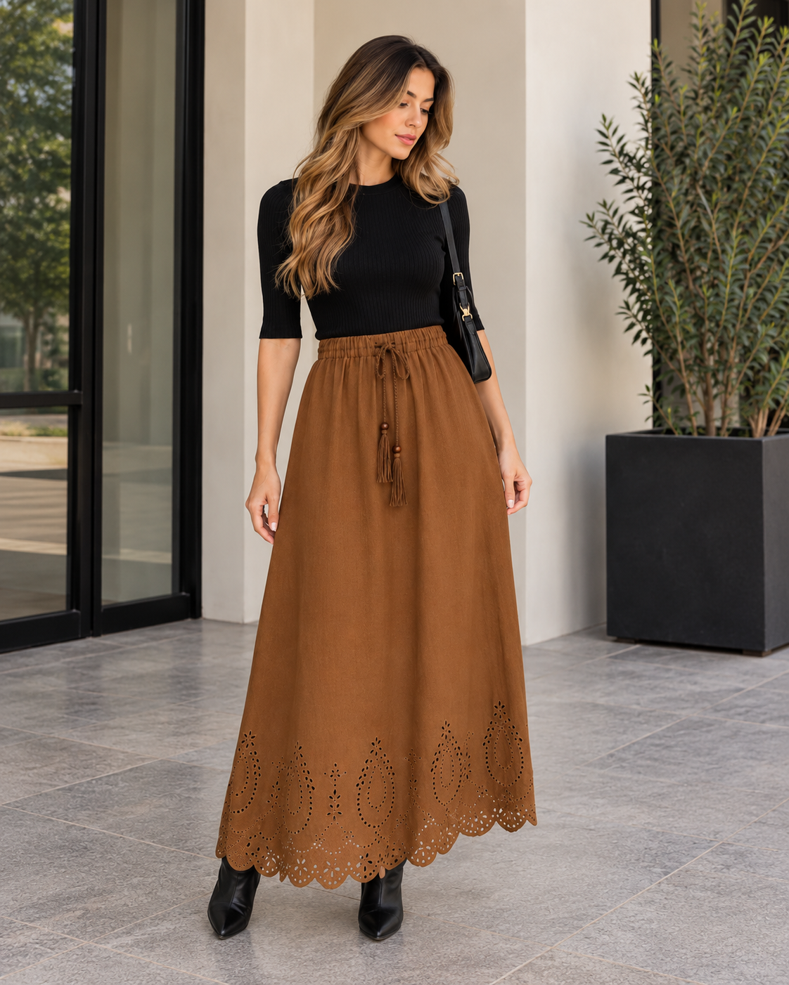 Laser-Cut Hem Midi Skirt