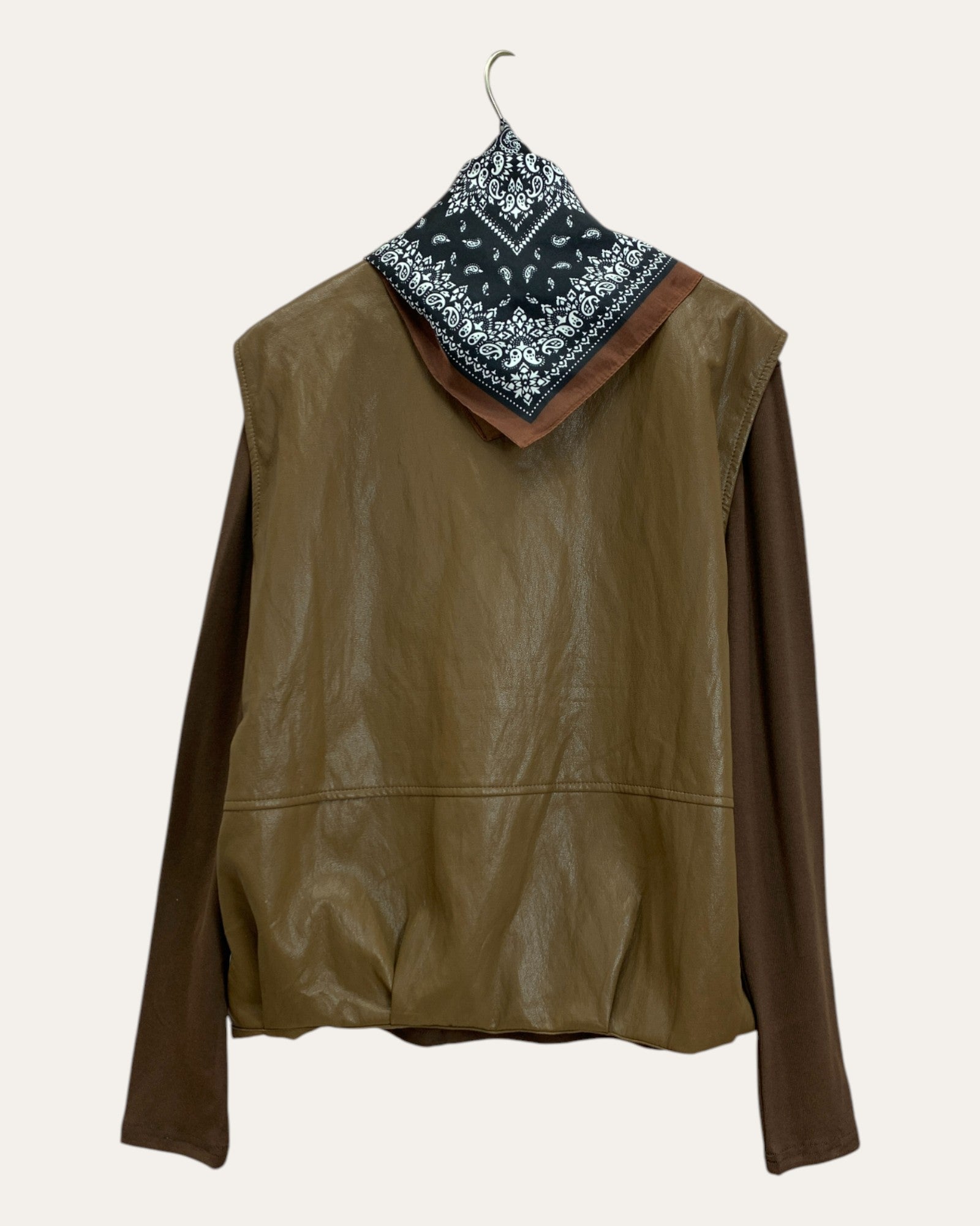 Faux Leather Panel Jacket with Scarf Collar