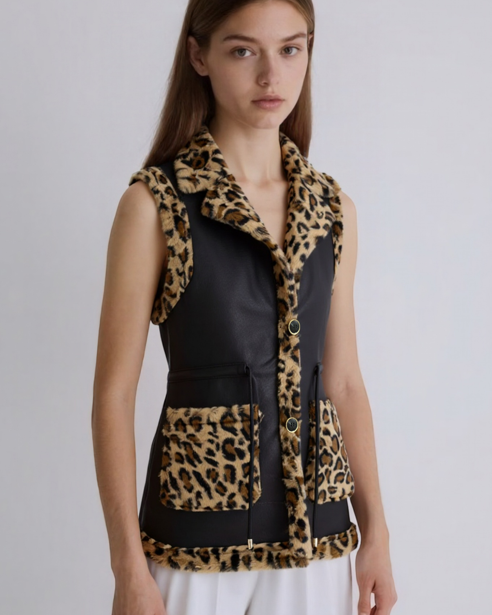 Leopard Trim Faux Fur Vest
