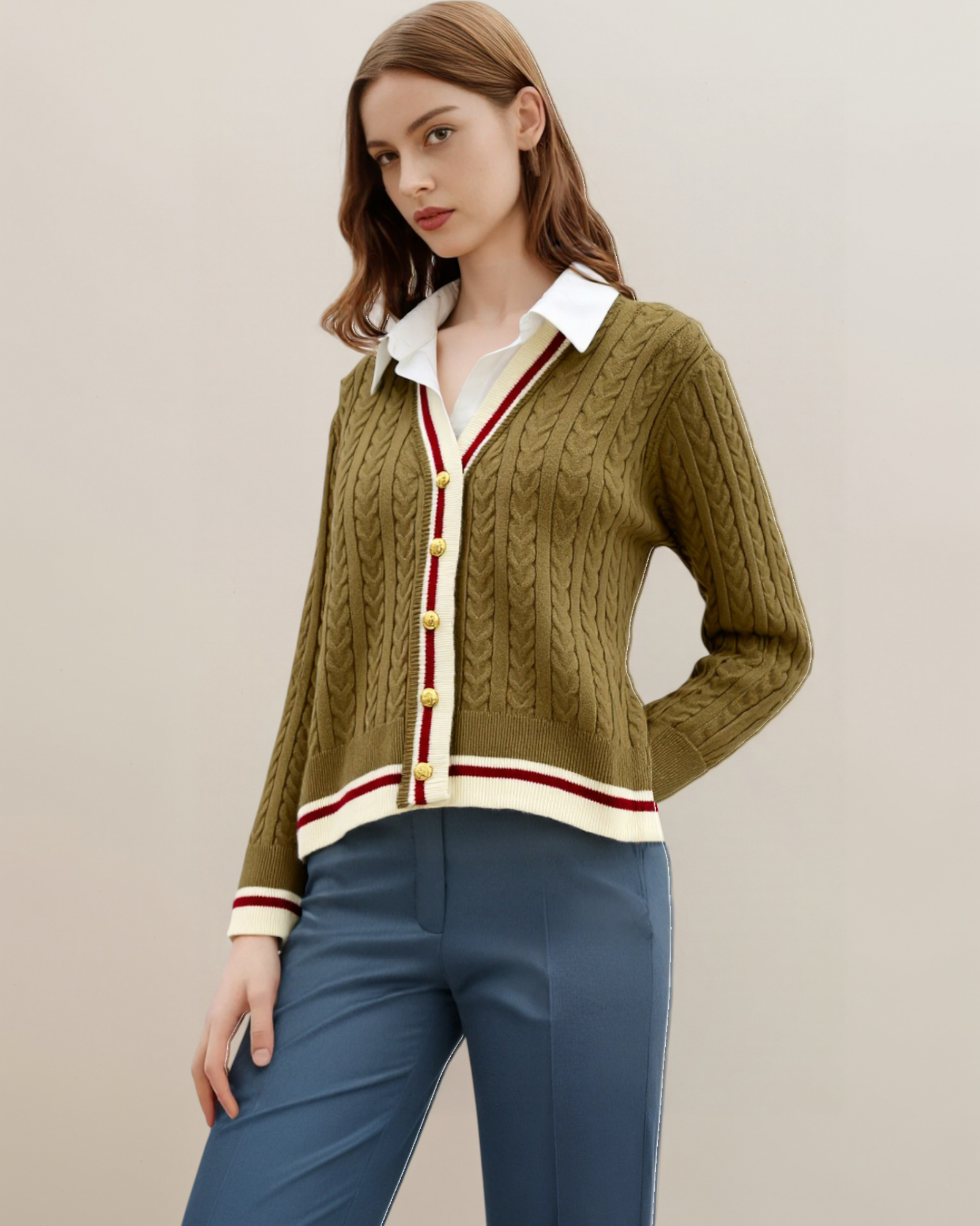 Preppy Contrast Collar Cable-Knit Cardigan