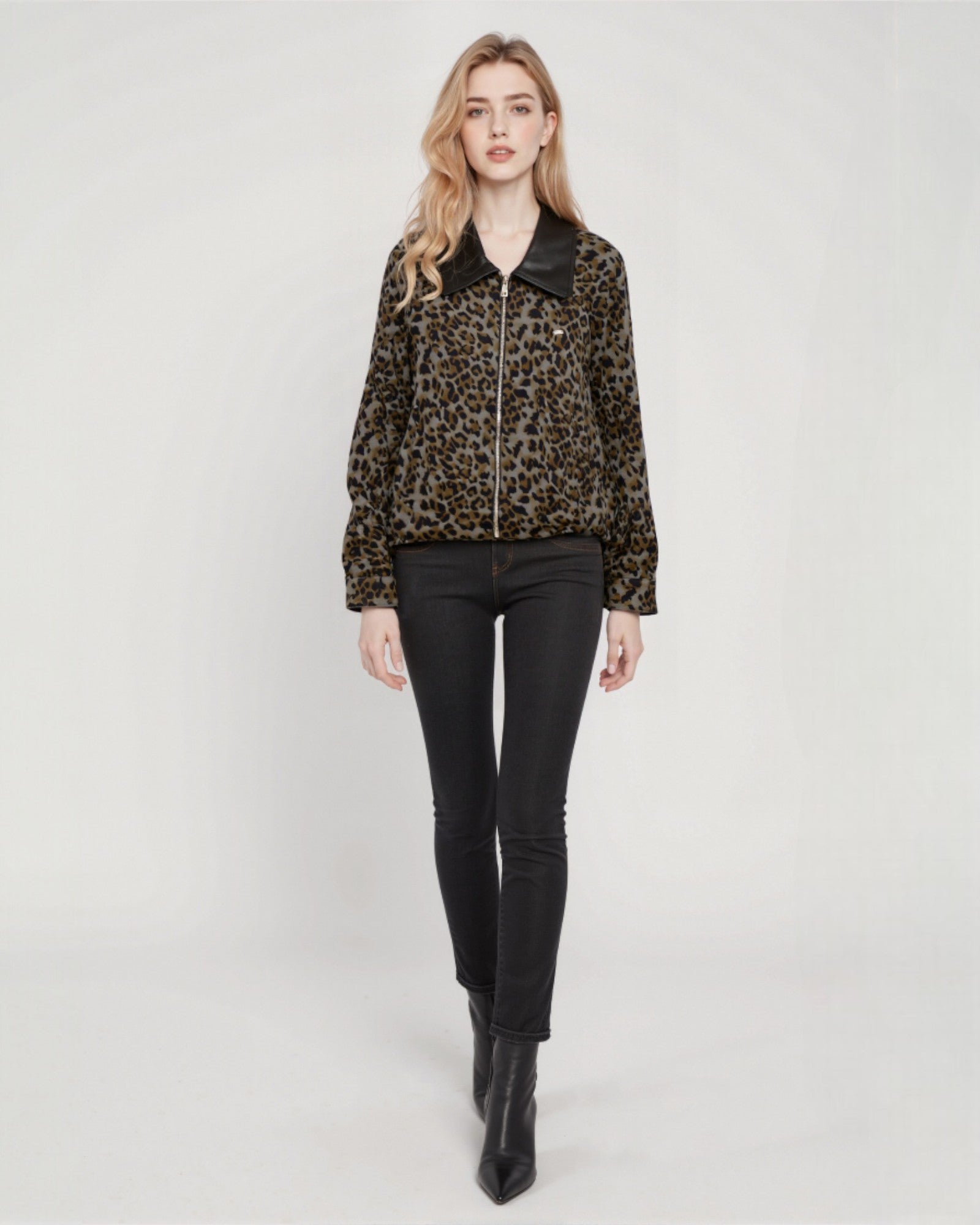Leopard Zip Jacket with Faux-Leather Collar