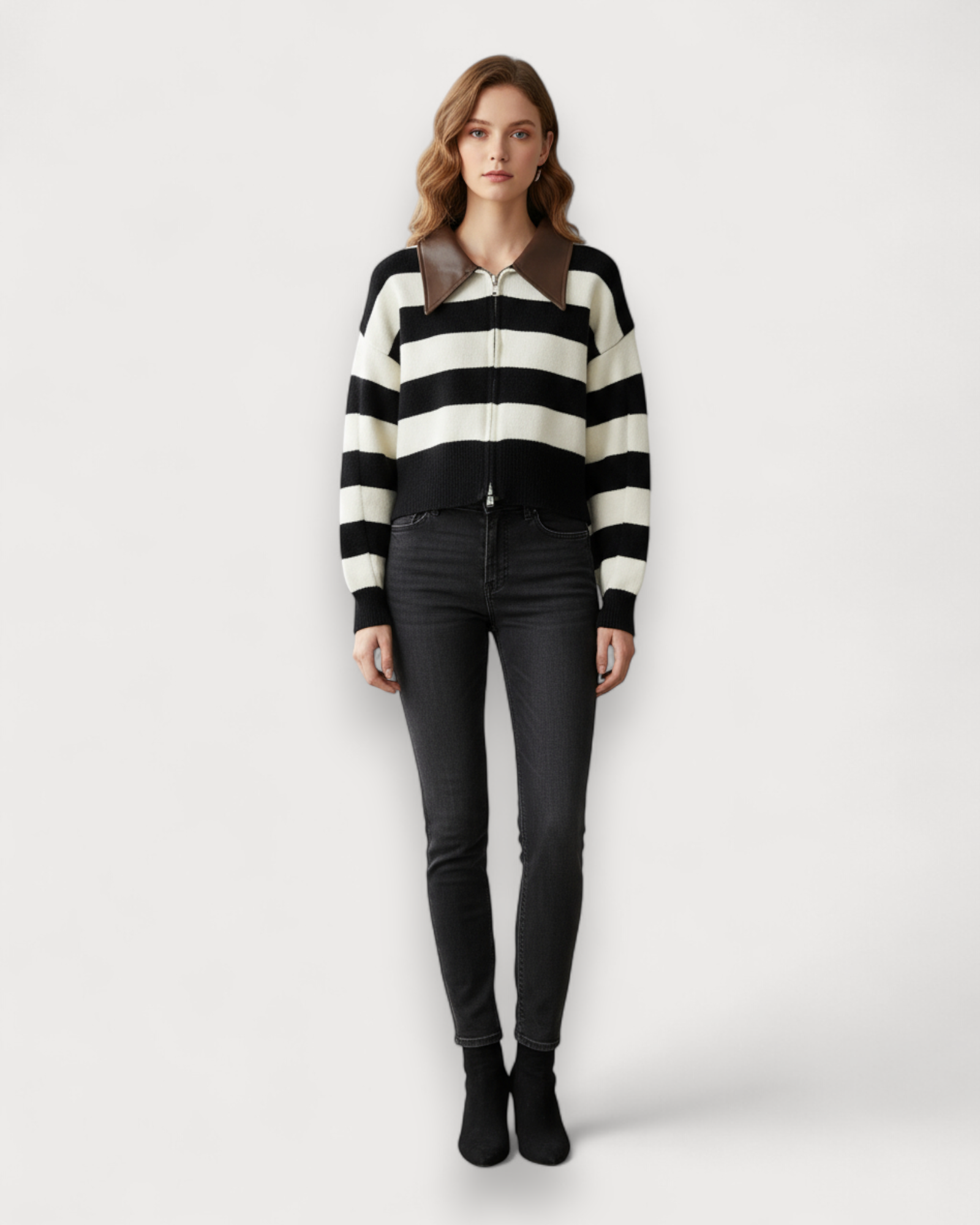Striped Knit Zip-Up with Faux Leather Collar