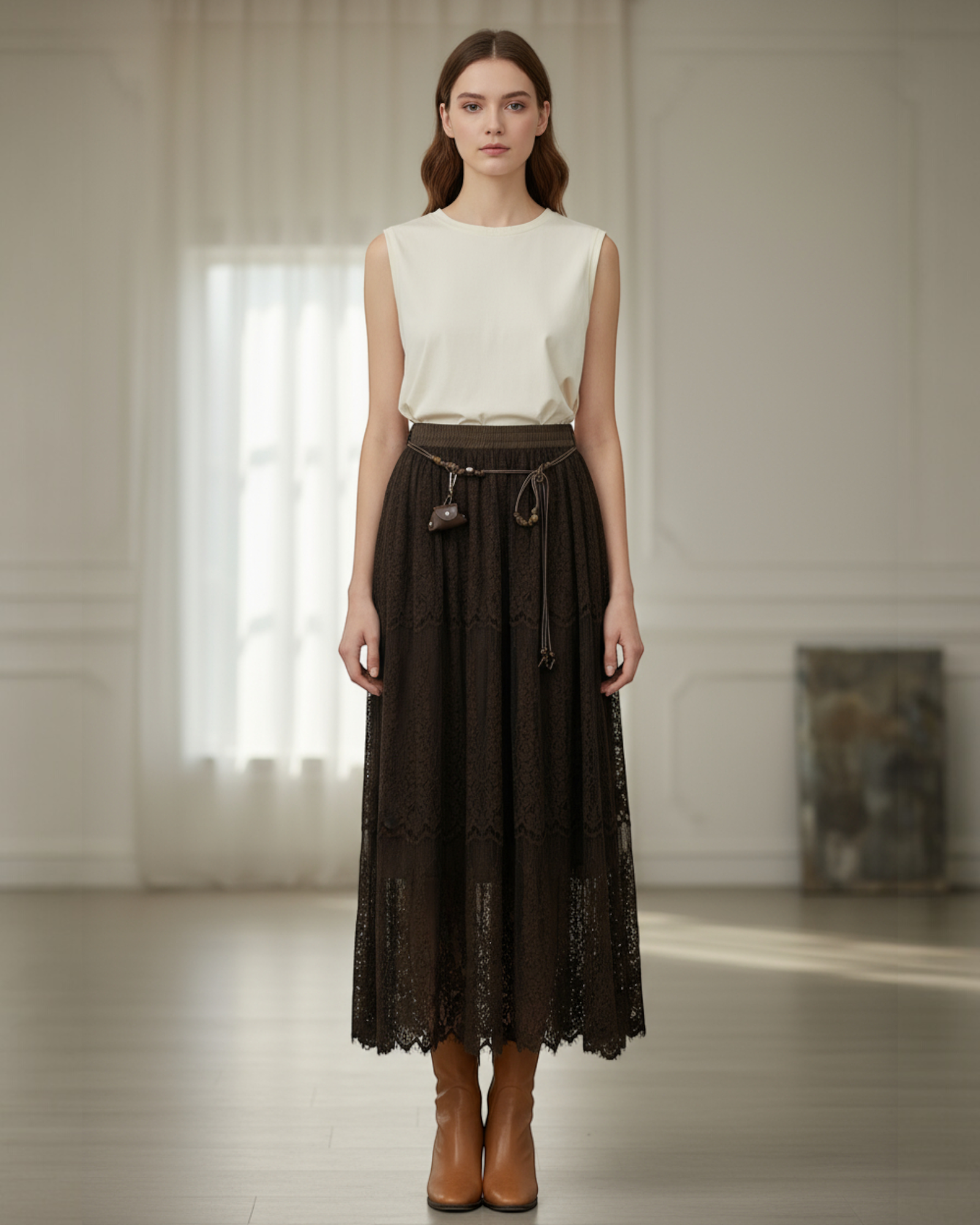 Bohemian Lace Maxi Skirt with Belt Charm