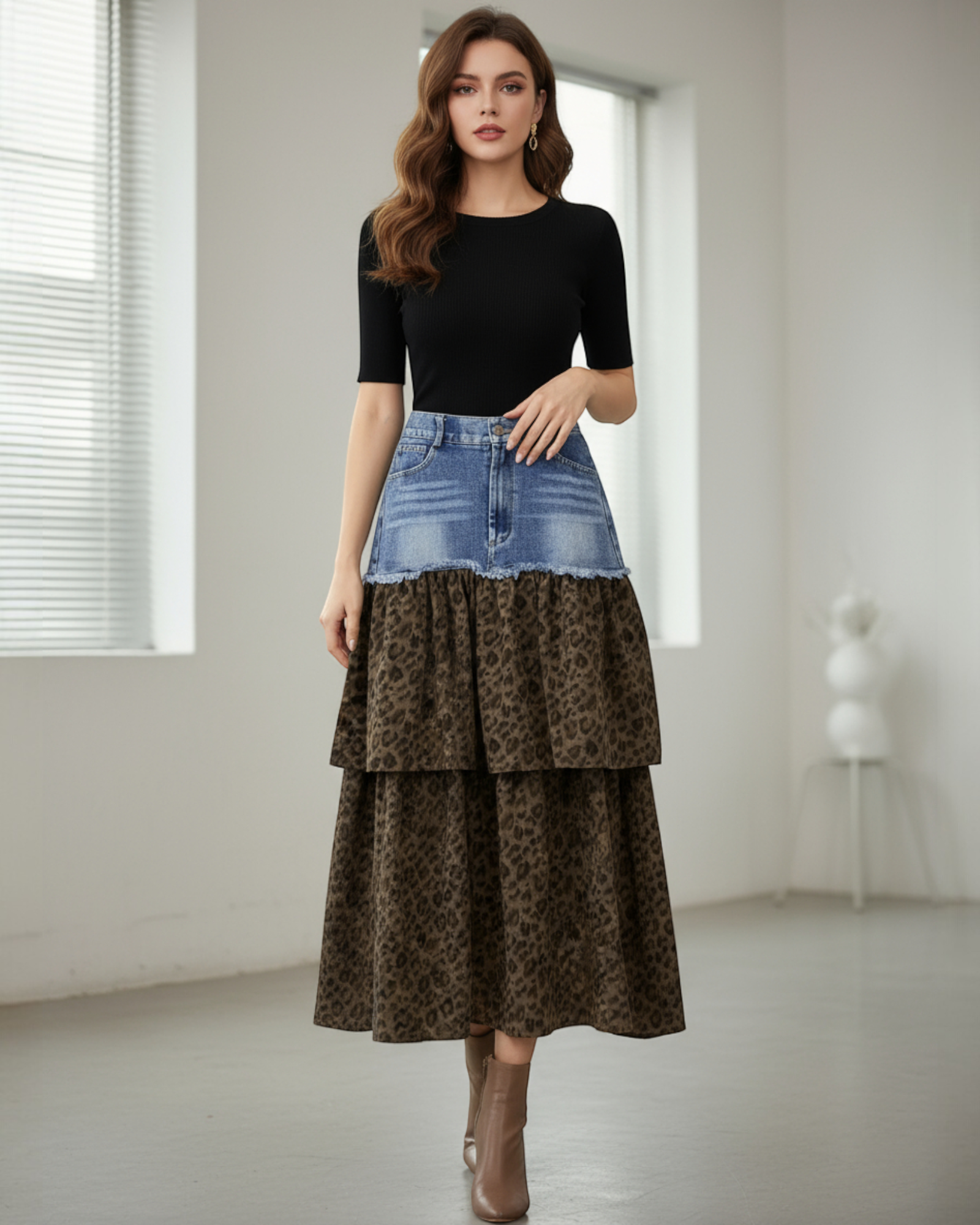 Denim & Leopard Tiered Maxi Skirt