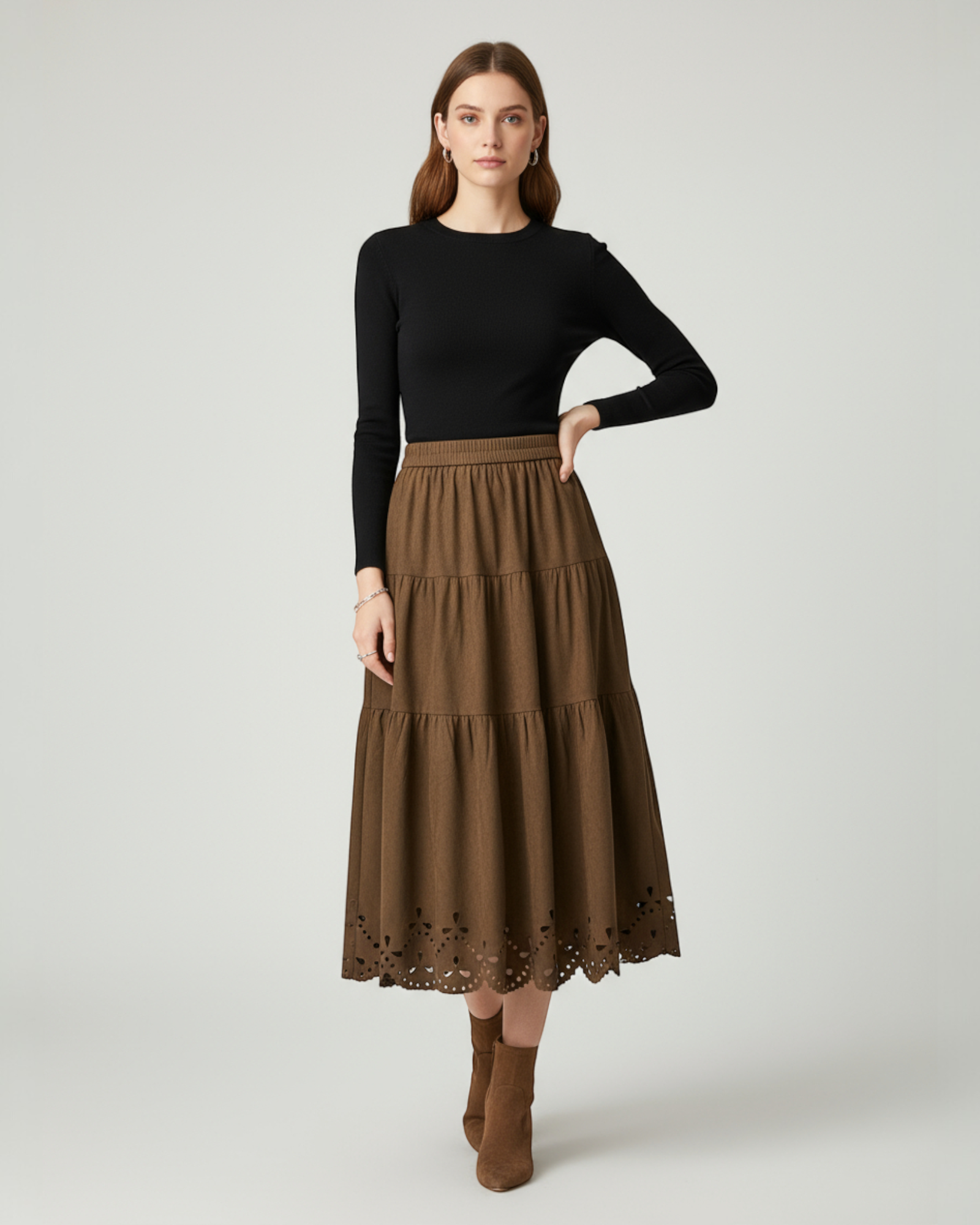 Tiered Faux Suede Midi Skirt