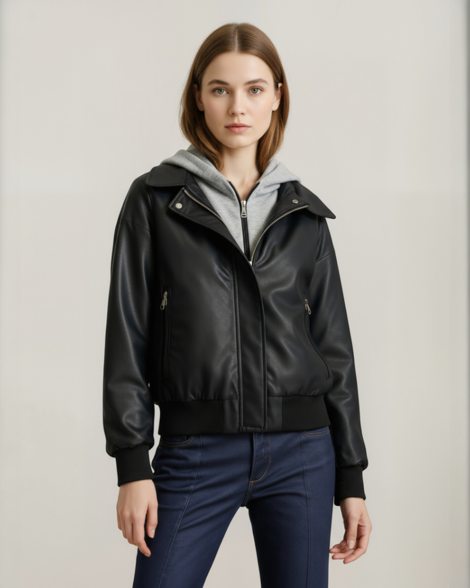 Faux Leather Jacket with Hood Insert