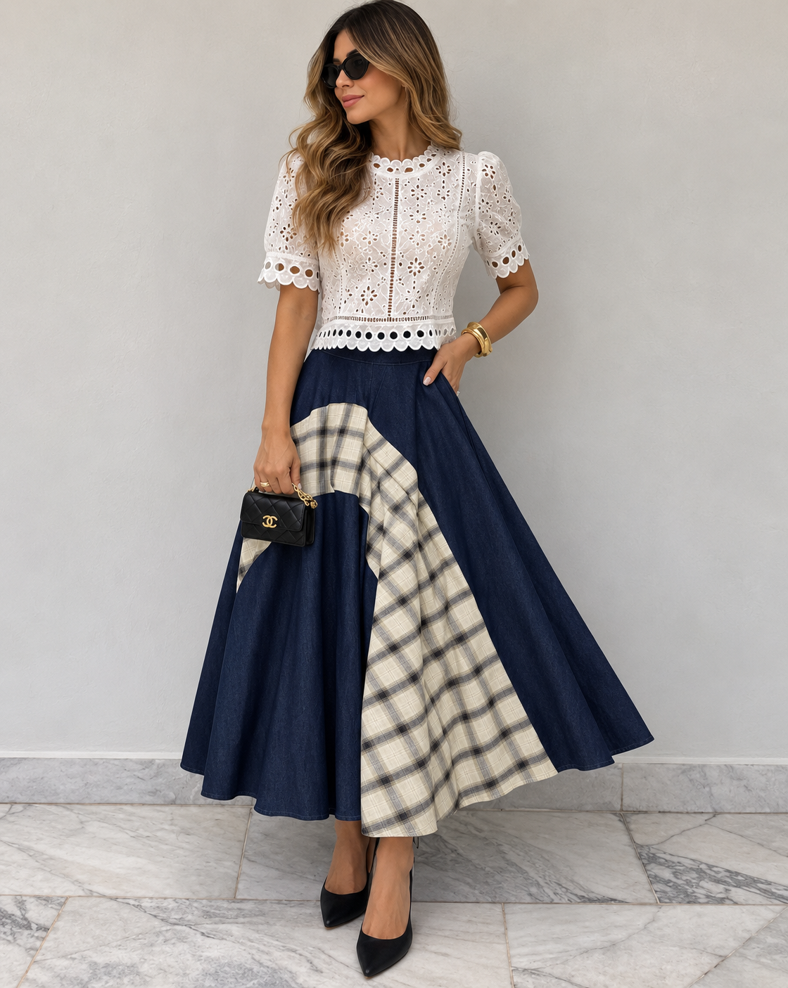 Patchwork Plaid Panel Denim Midi Skirt