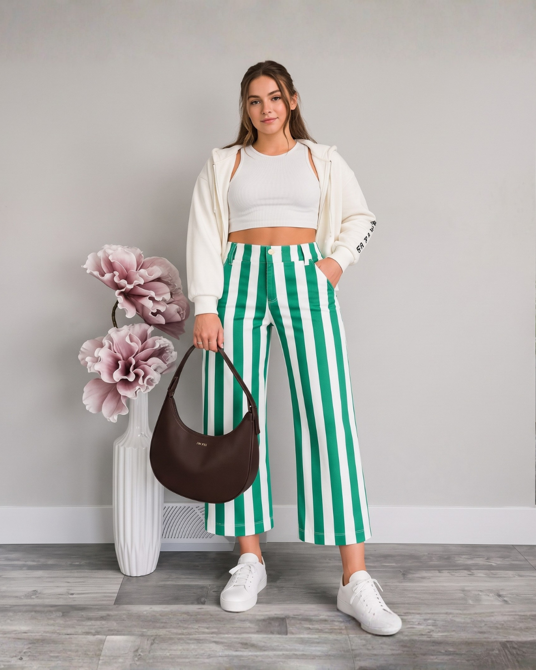 Vertical Stripe Cropped Wide-Leg Pants