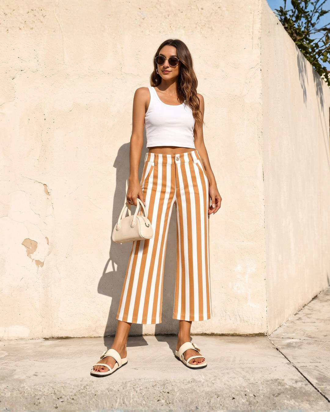 Vertical Stripe Cropped Wide-Leg Pants