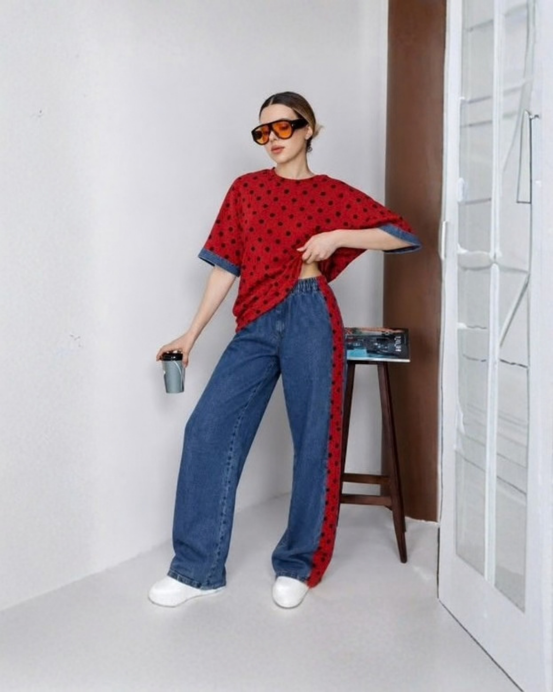 Polka Dot Top & Contrast Denim Pants Set