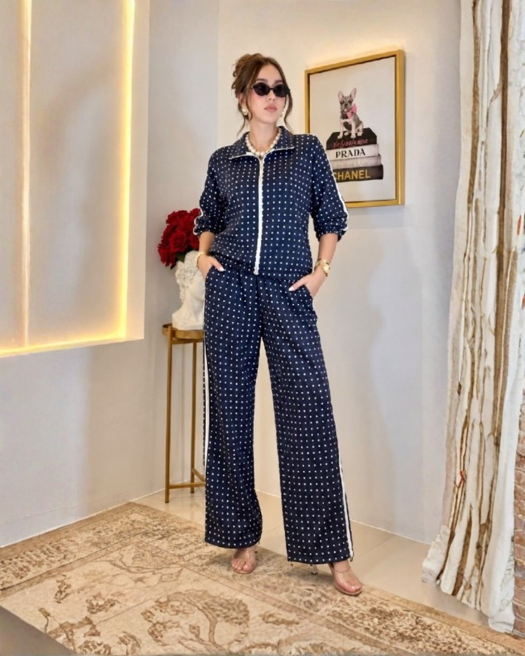 Polka Dot Zip-Up Top & Wide-Leg Pants Set