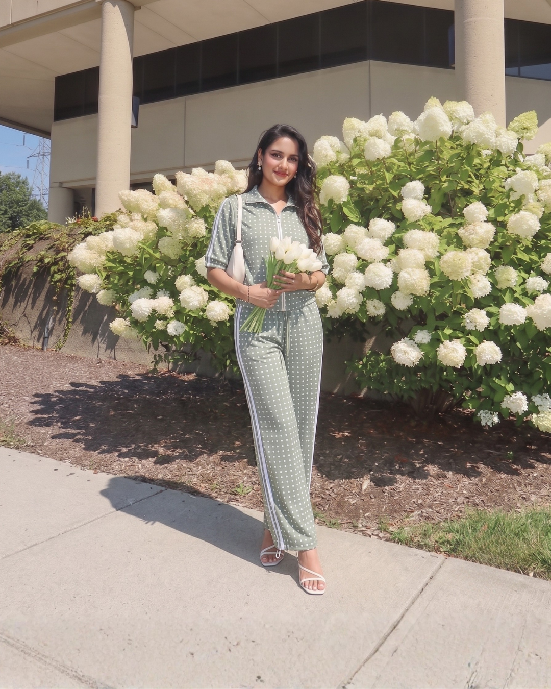 Polka Dot Zip-Up Top & Wide-Leg Pants Set