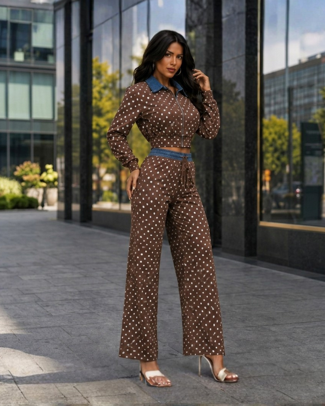Polka Dot Contrast-Trim Two-Piece Set