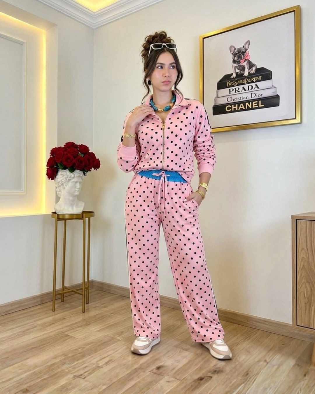 Polka Dot Contrast-Trim Two-Piece Set