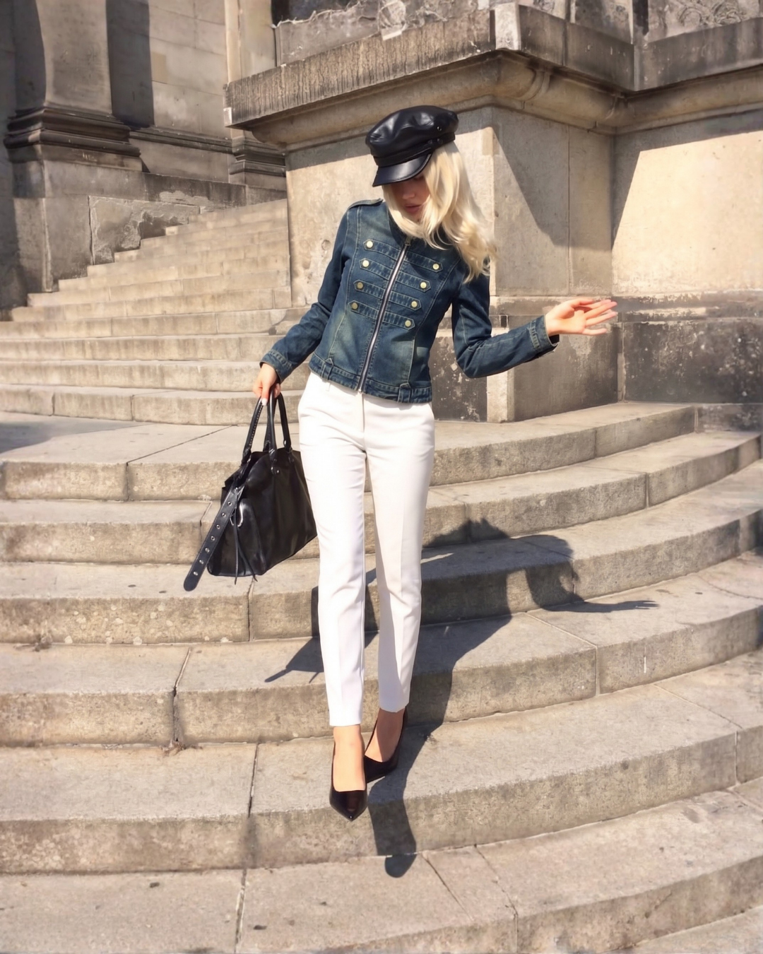 Military Style Zip-Up Denim Jacket
