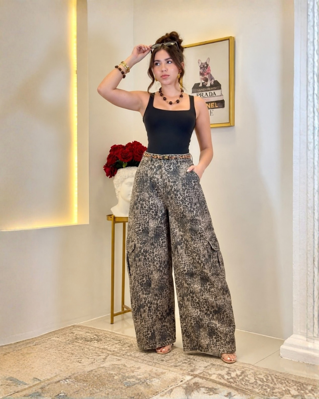 Leopard Print Barrel Cargo Pants
