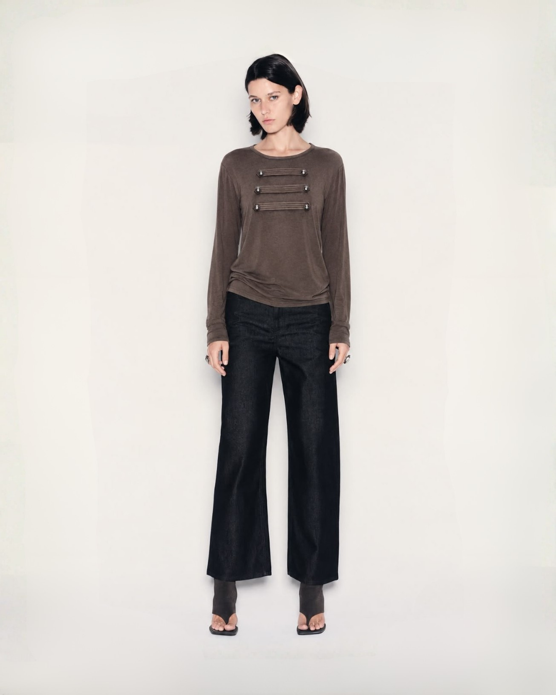 Brown Military Trim Long Sleeve Top