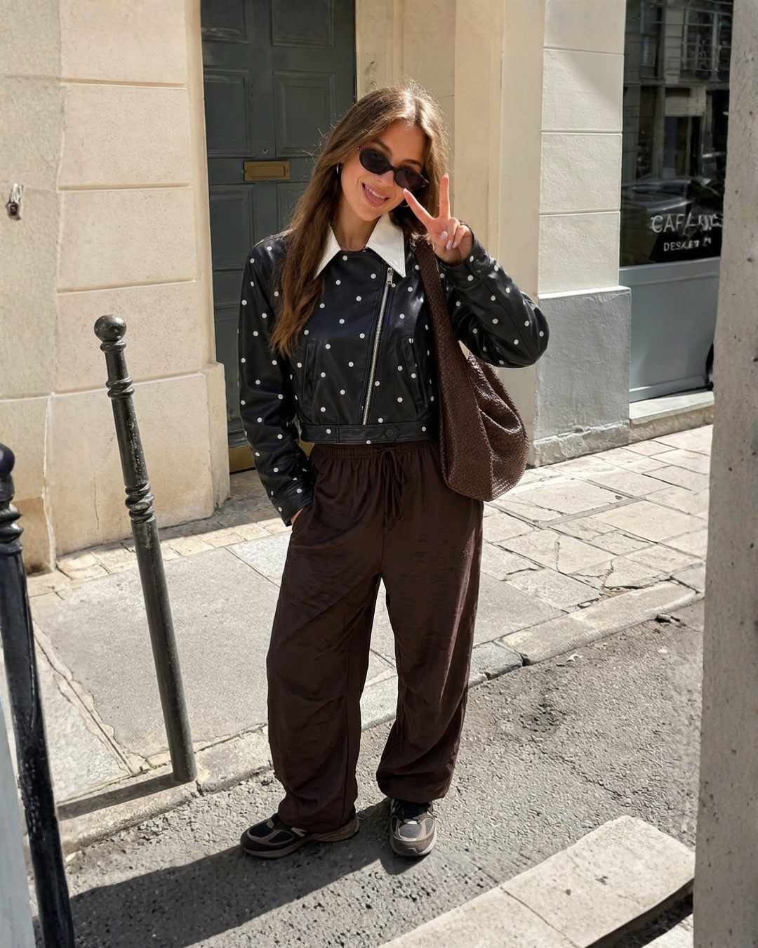 Polka Dot Contrast Collar Moto Jacket