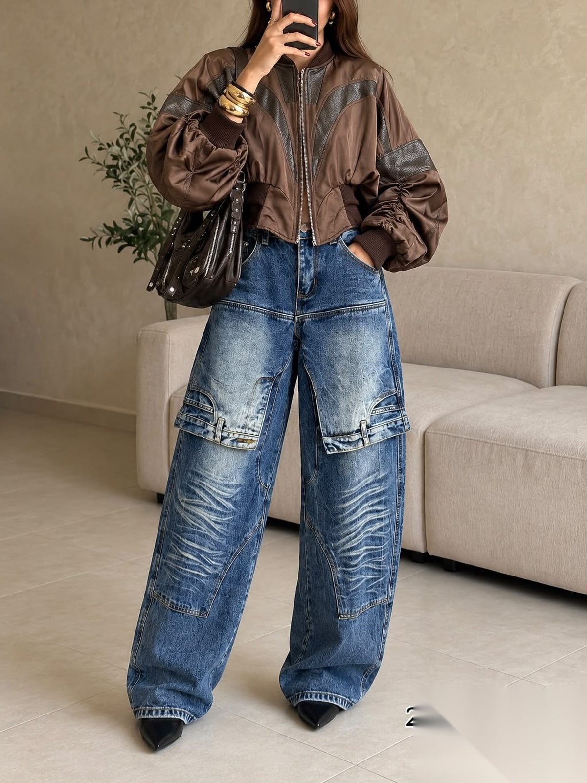 Paneled Barrel Leg Jeans