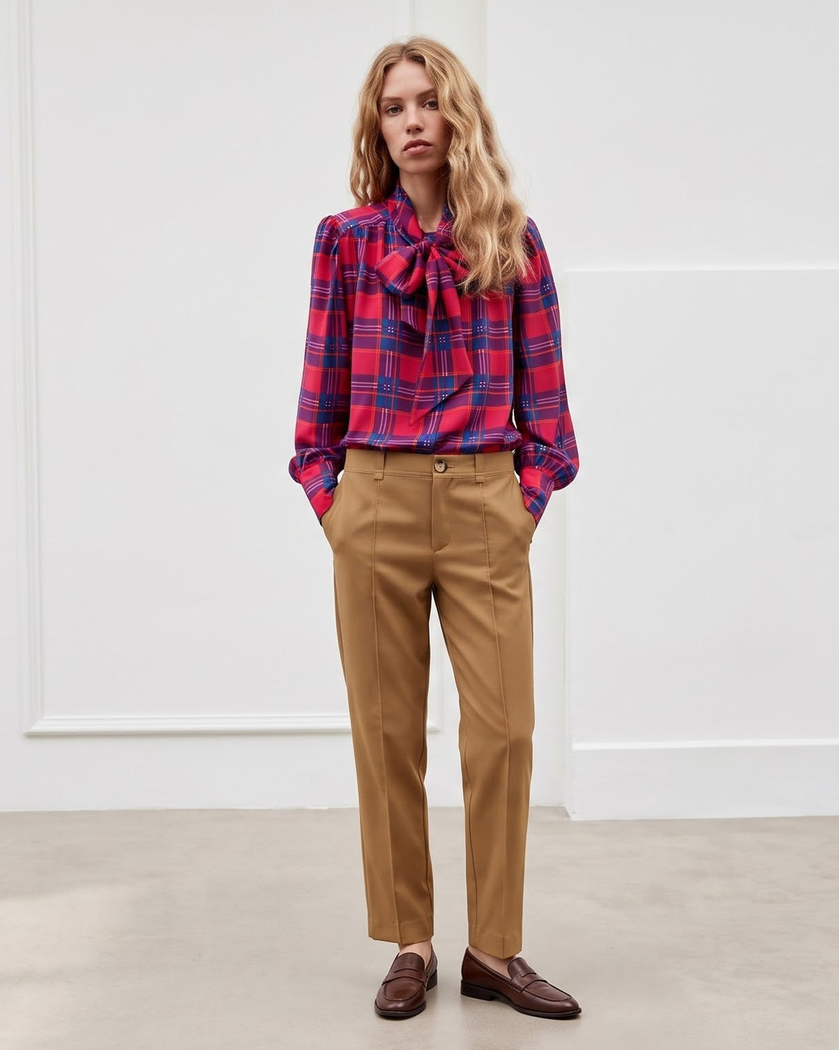 Berry Plaid Tie-Neck Blouse